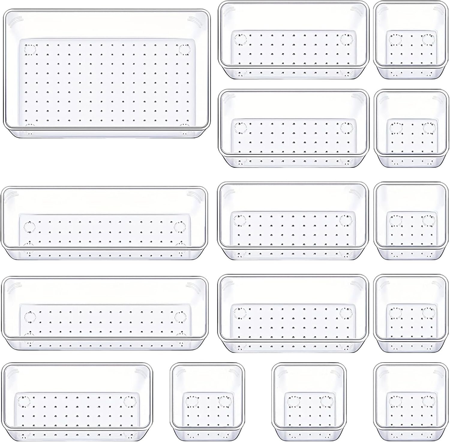 Manalete Drawer Organizers Set of 15, 4 Sizes Clear Plastic Drawer Organizers and Storage Bins for Kitchen, Bathroom, Office, Dresser Desk Drawer Organizer Tray for Jewelry, Makeup, Junk, Gadgets