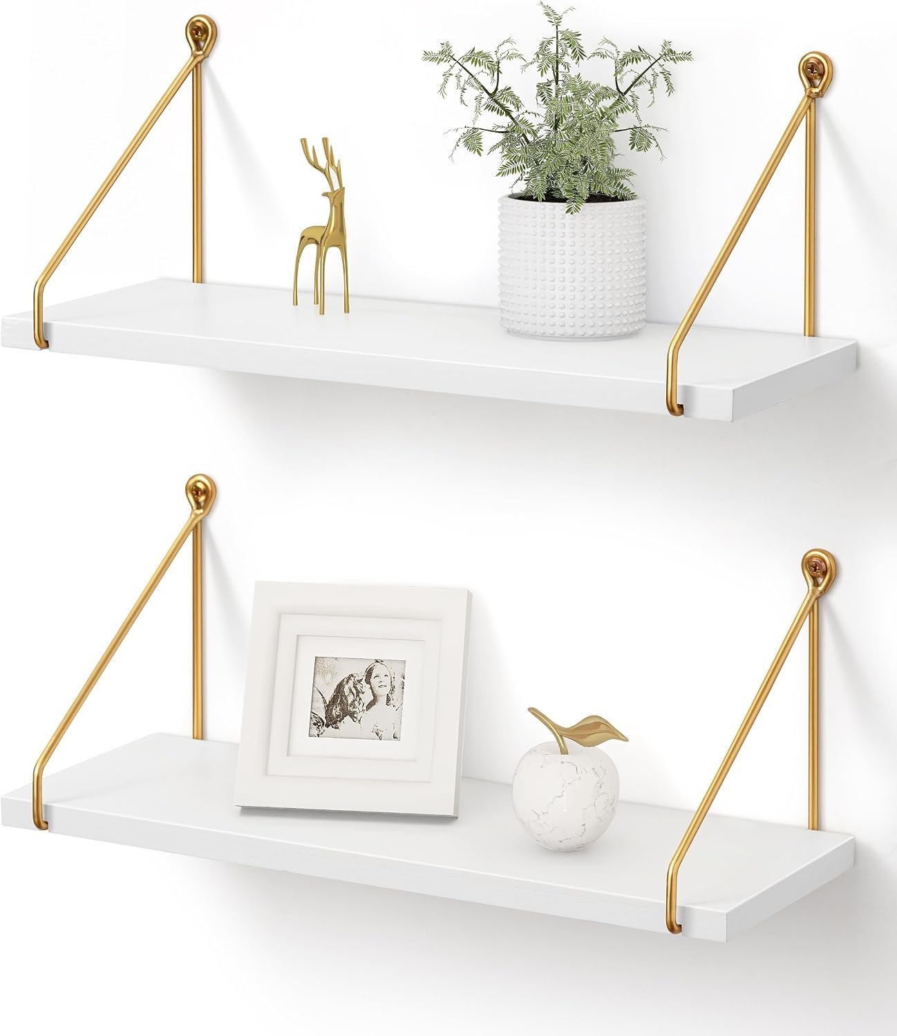 Afuly Floating Shelves for Wall, Metallic Gold White Wall Mounted Shelves, Shelves for Bathroom Kitchen Bedroom Solid Wood Metal Chic Bookshelf, Set of 2