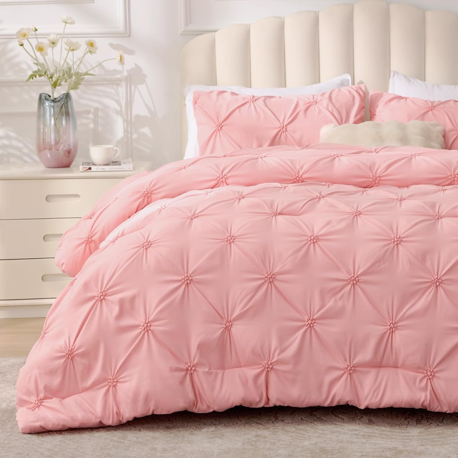 BEDELITE Pink Queen Comforter Set – 3 Pieces Boho Pintuck Bedding Comforter Sets, Lightweight Soft & Warm Bed Comforter with 2 Pillowcases for All Season,Valentines Day