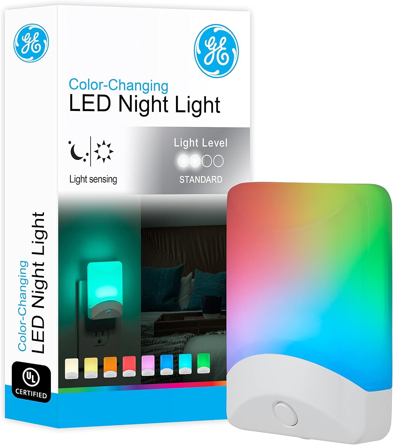 GE Color Changing LED Night Light for Kids, Dusk to Dawn Sensor, Home Decor Apartment Essentials, Wall Lights for Bedroom, Ambient Lighting, Nightlights Plug in, 1 Pack, 34693