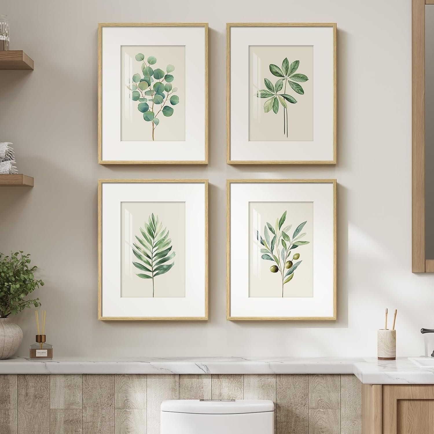 Framed Sage Green Botanical Wall Art for Bathroom, 4 Piece Farmhouse Minimalist Plant Artwork for Walls, Boho Green White Leaf Pictures Prints for Bedroom Kitchen Living Room Wall Decor, 11×14 Inch