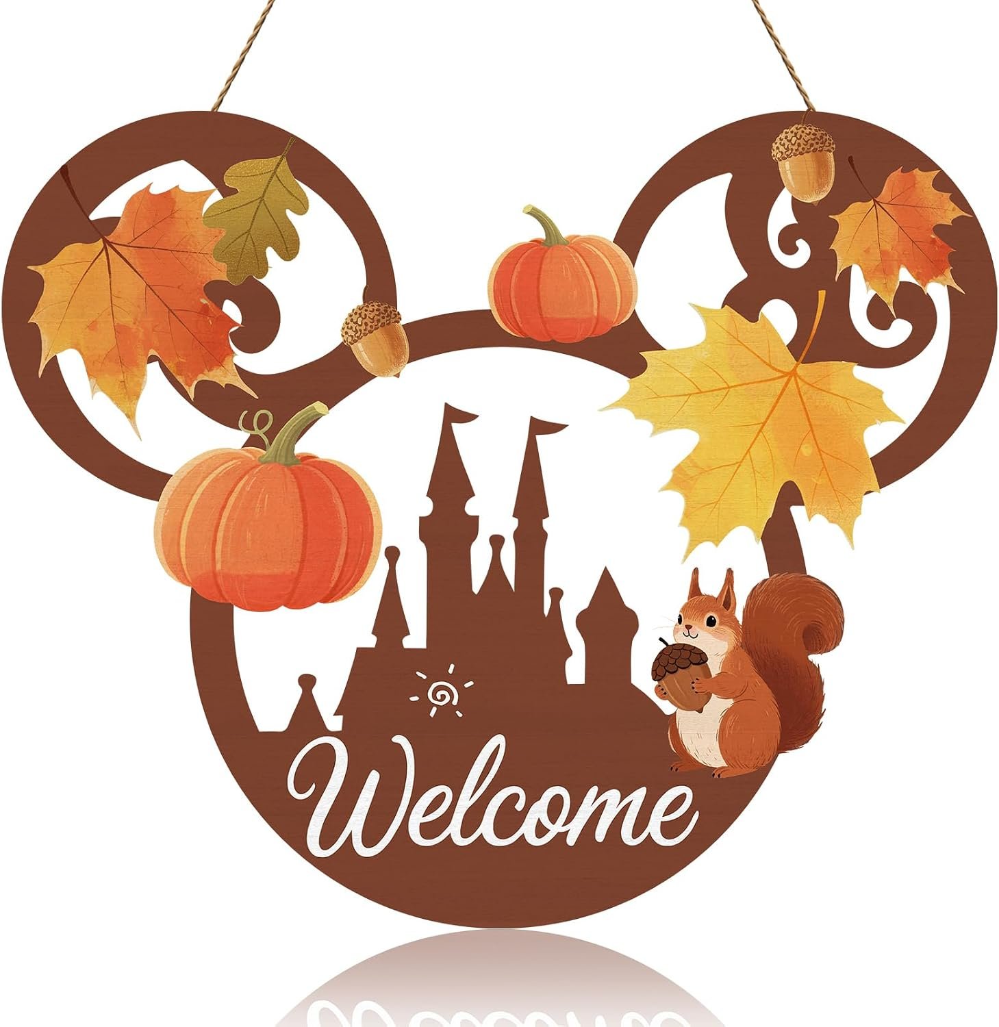 Welcome Fall Front Door Sign,Mouse-Shaped Autumn Wreath with Pumpkin,Squirrel,hazelnut&Maple Leaves Wood Door Hanger for Thanksgiving Harvest Wall Decor Front Porch Indoor Outdoor Decorations