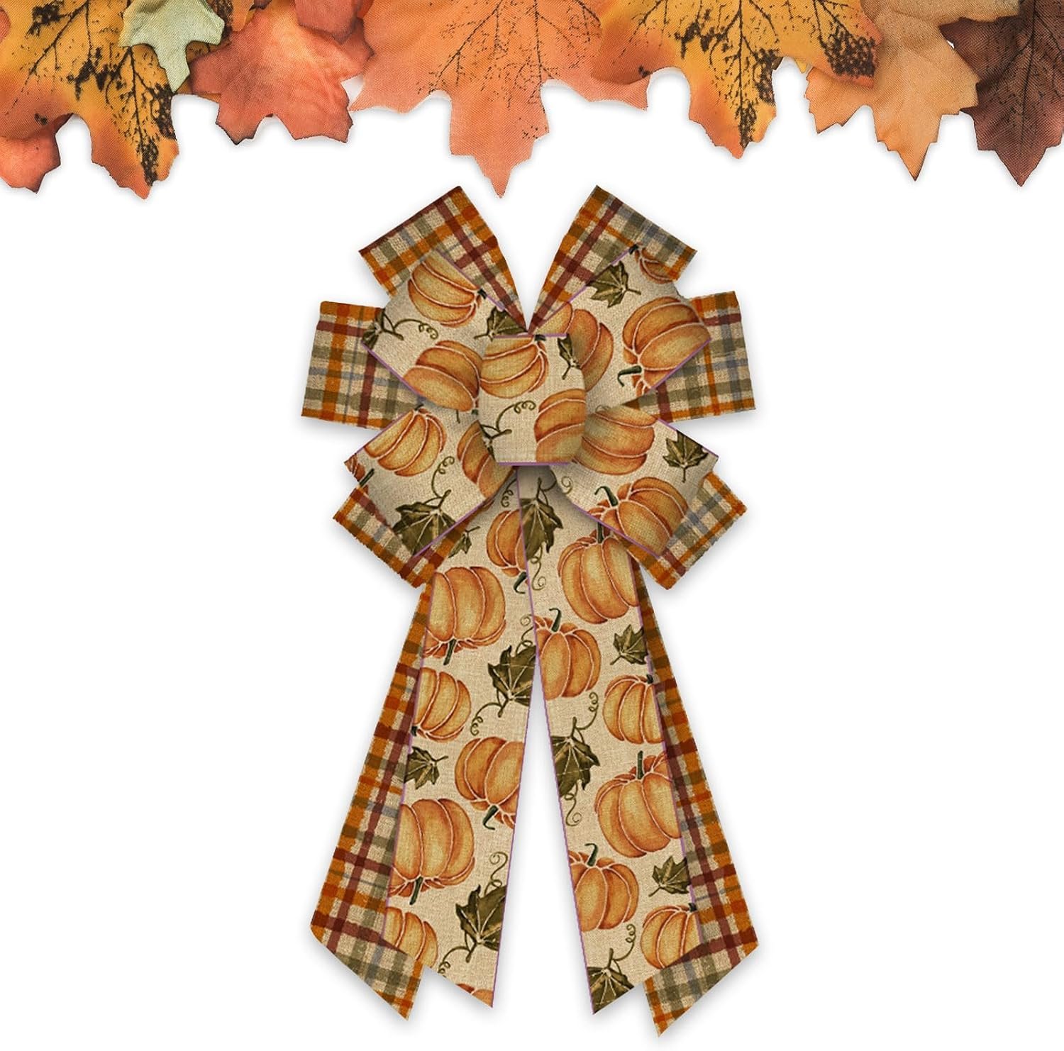 Large Fall Thanksgiving Bows for Wreath Front Door Pumpkin Burlap Wired Decor Bow Thanksgiving Fall Autumn Wreath Bow for Indoor Outdoor Tree Topper Wreath Bows Decoration Supplies 11.42*20.87 inch