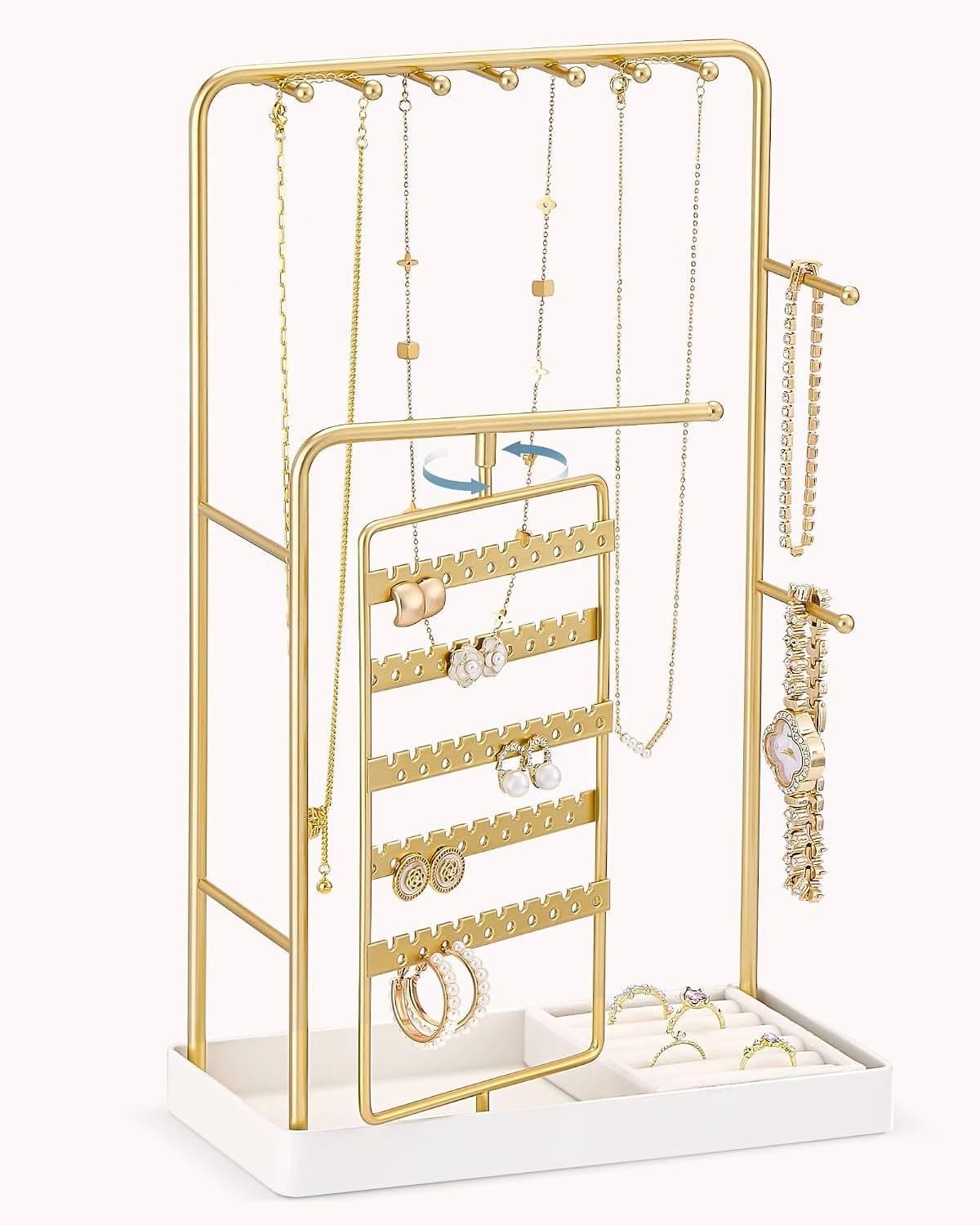 Lolalet Jewelry Organizer Stand, No Assembly Needed Display Storage with Rotating Earring Holder for Room Dorm Decor Necklace Bracelet Rings, Gifts for Mom Women Girls Mother’s Day -Gold