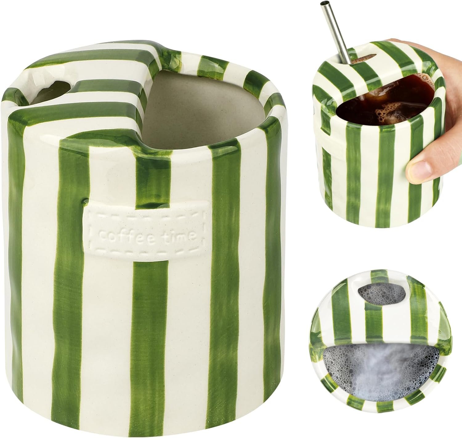 Green Striped Ceramic Coffee Mug With Sip Hole Novelty Hand Pinched Cup | Hand Painted Striped Coffee Cup Embossed Coffee Time Design For Home Office Birthday Gift