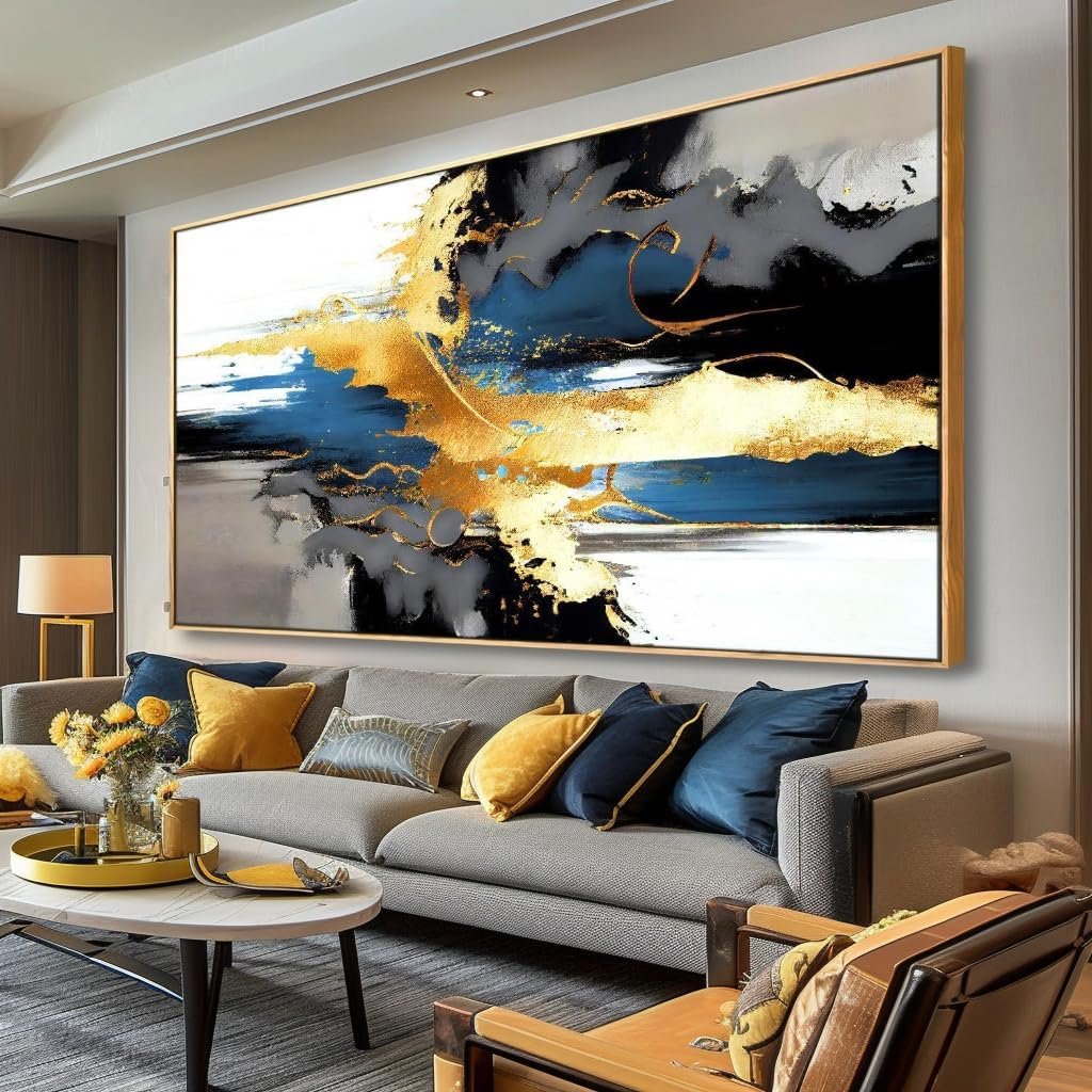 Wall Art Abstract Wall Art Prints Canvas Painting Black Yellow Blue Modern Large Artwork for Living Room Bedroom Office Home Decor 20″x40″ with Framed