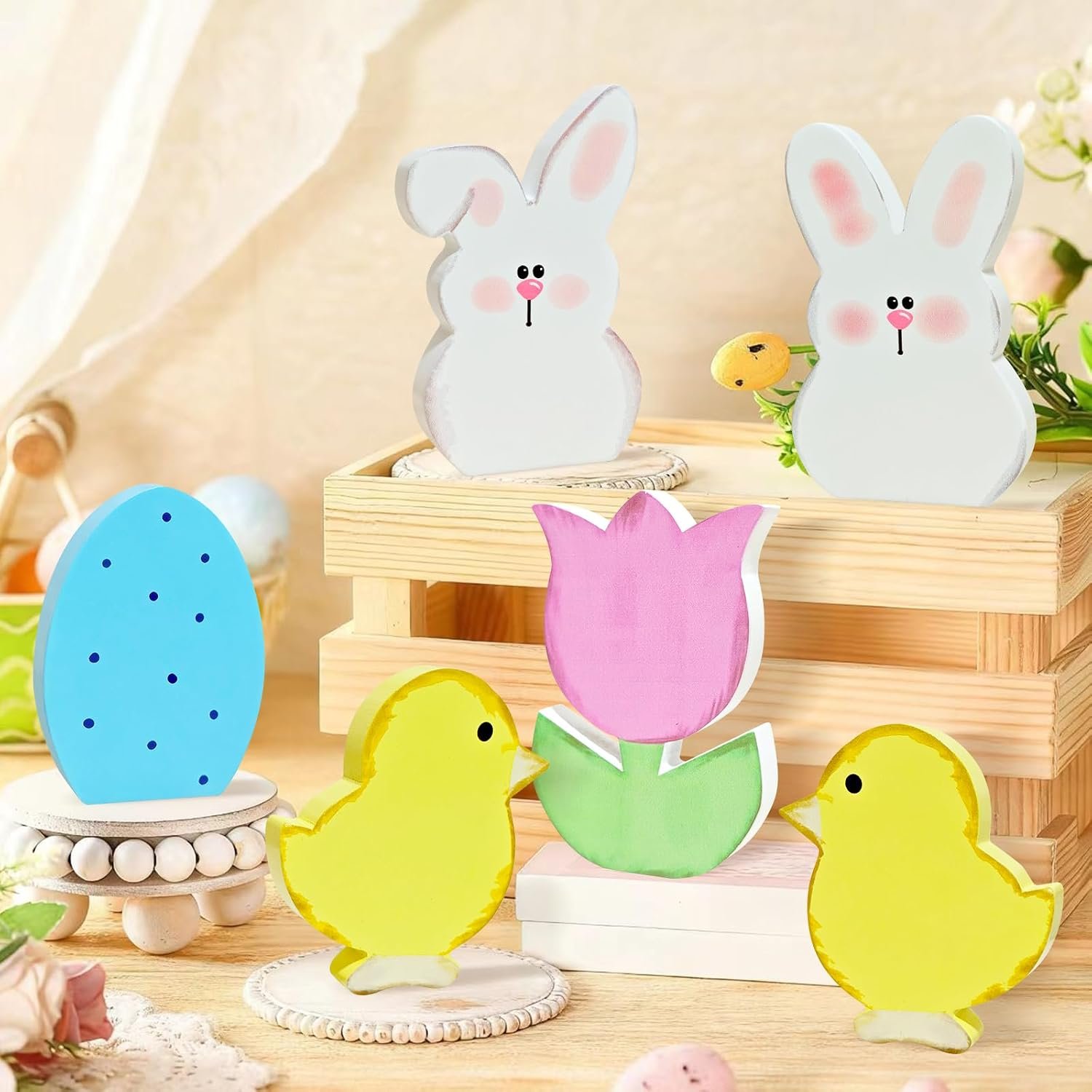 Easter Decorations,6 Pcs Bunny Decor Desk Decor Wooden Box Sign Easter Gift Wood Block Plaque Box Sign for Home Farmhouse Kitchen Bathroom Shelf Table Decoration