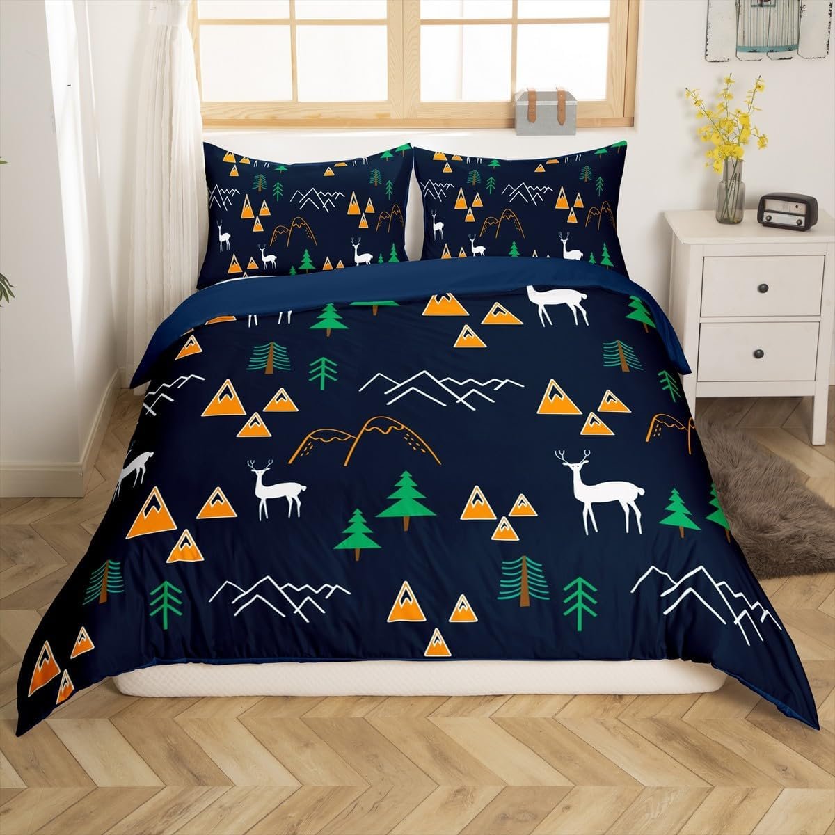 Erosebridal Happy Camping Duvet Cover, Deer Antlers Bedding Set Queen for Kids Boys Girls Bedroom Decor, Cartoon Mountain Tree Comforter Cover Elk Rustic Quilt Cover with 2 Pillow Cases(No Comforter)