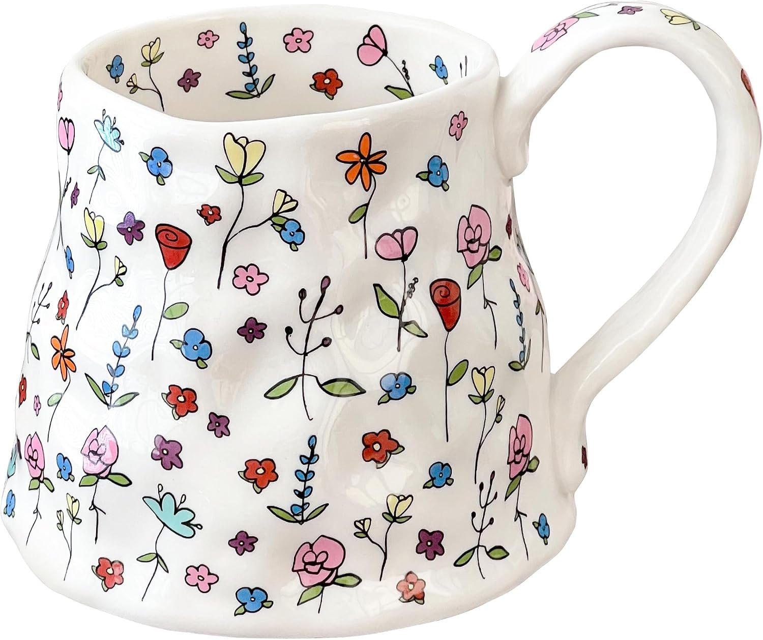 Large Ceramic Coffee Mug Cute Flower with Handmade Big Handle, 20oz Girly Pink Floral Tea Cup for Women Mothers Day, Novelty Irregular Oversized Christmas Mugs for Latte Tea Milk Cocoa