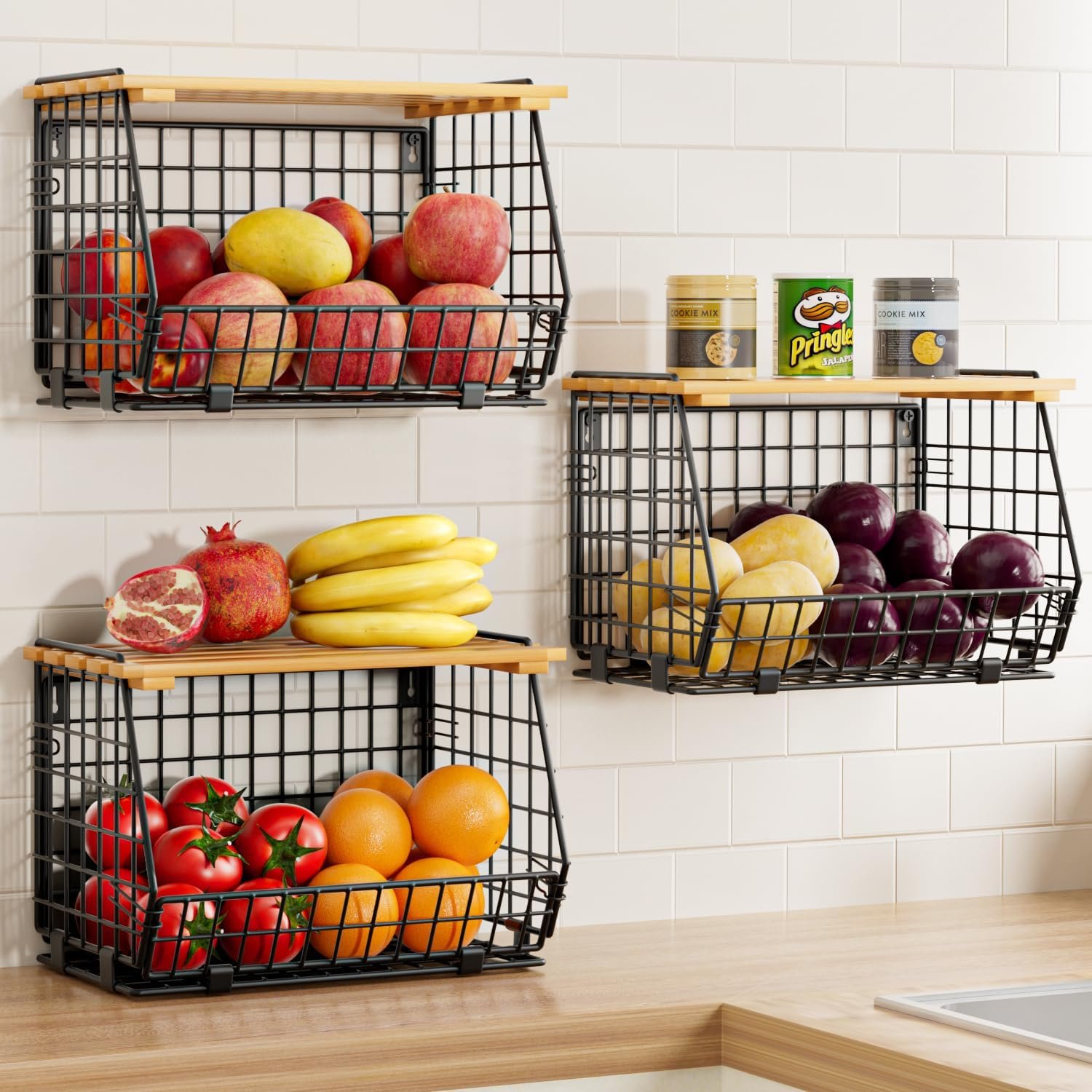 Wire Fruit Basket for Kitchen Storage: Hanging and Counter Basket for Vegetable Produce – Potato and Onion Storage for Pantry 3 Pack