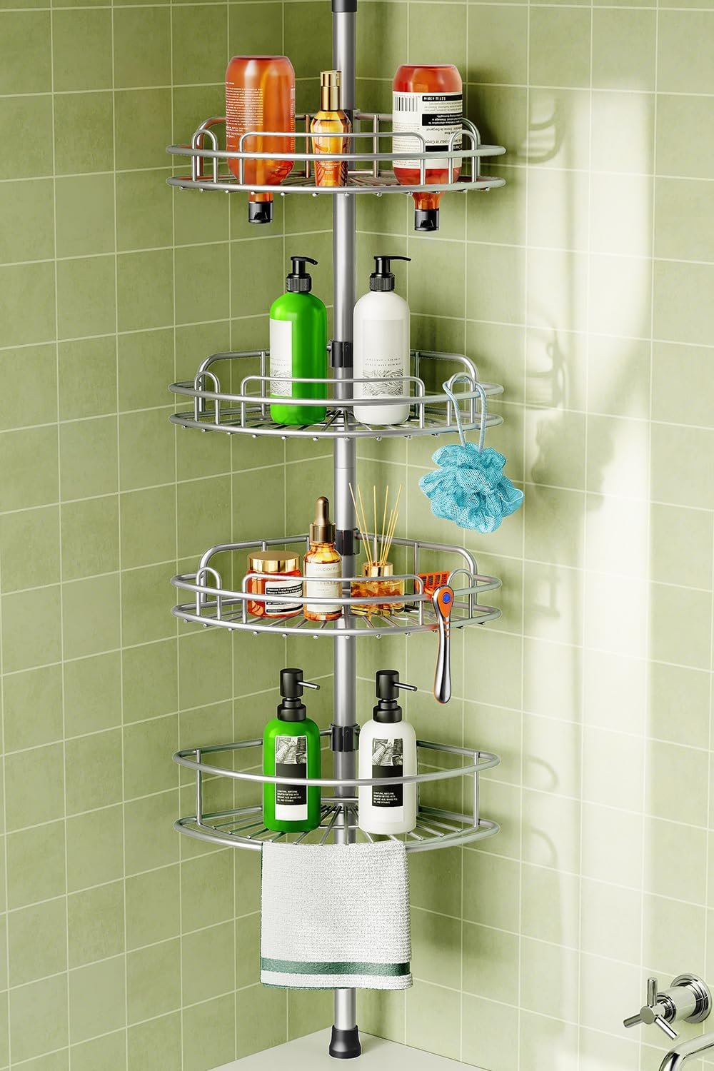 HAMITOR Corner Shower Caddy Tension Pole: 4-Tier Rust-Resistant Adjustable Bathroom Organizer Shelves – 47-121 Inch No-Drill Quick Installation – Space-Saving Storage for Renters Family – Silver Gray
