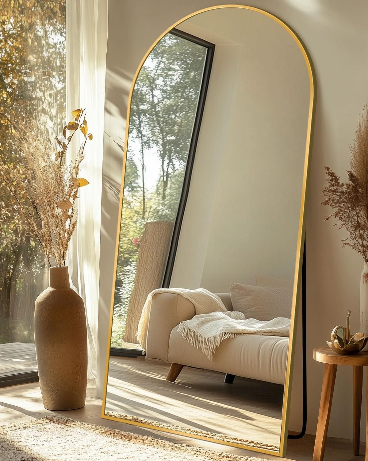 Full Length Mirror with Stand, 71″x28″ Arched Full Body Large Stand Up Aluminum Frame Floor Standing Mirror, Freestanding Hanging Leaning Mounted for Bedroom Living Room Entryway Gold