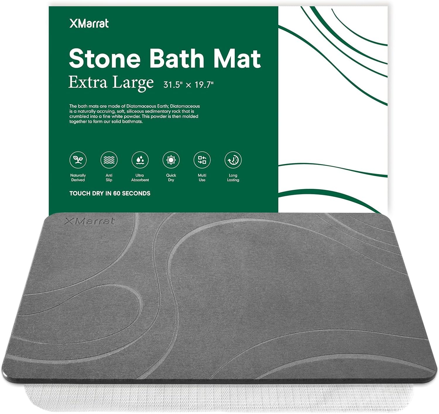 XMarrat Large Stone Bath Mat, Super Absorbent Diatomaceous Earth Bath Mat Large, Quick Drying Non-Slip Diatomite Stone Bath Mats for Bathroom, Easy to Clean (Dark Grey, Extra Large 31.5″ x 19.7″)