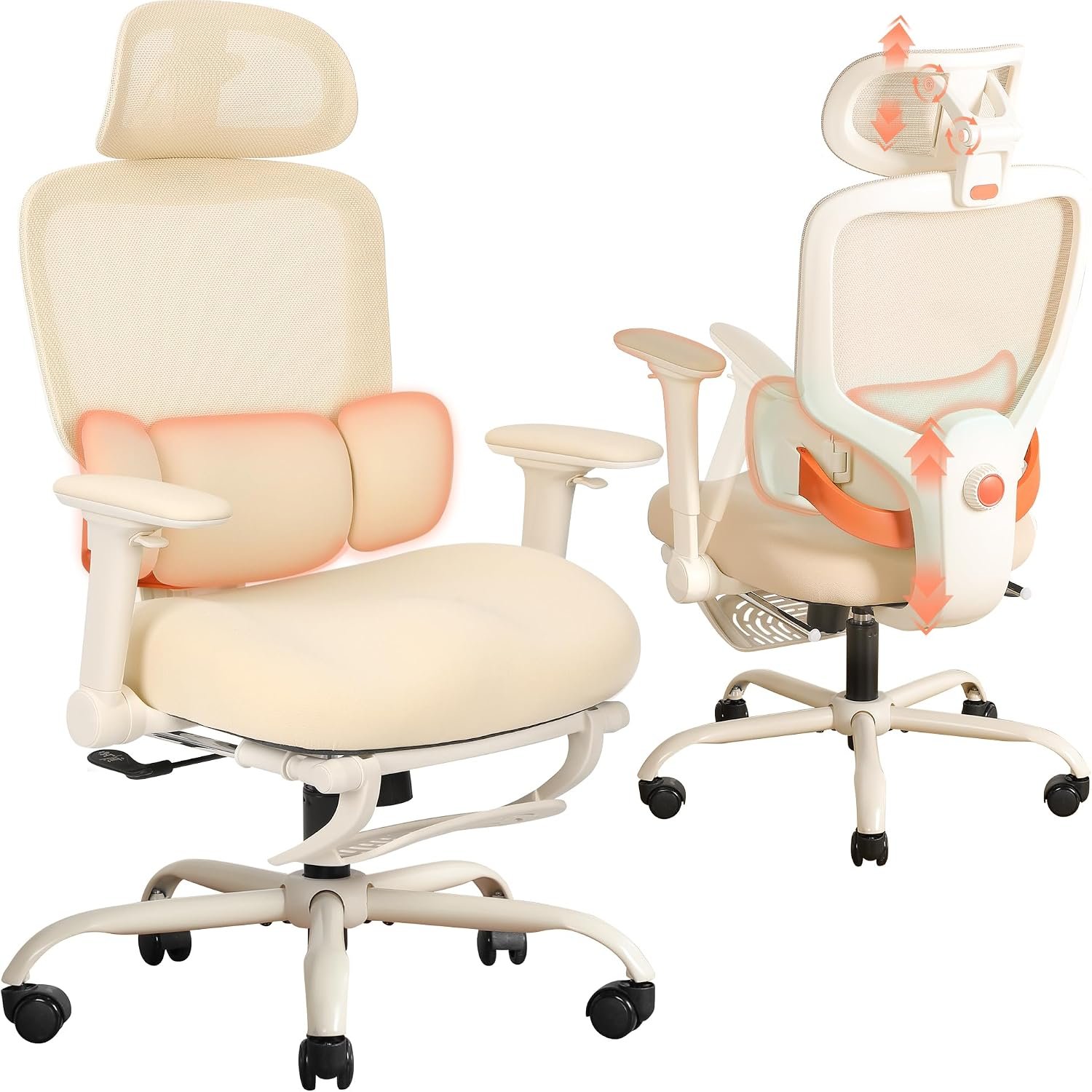 Ergonomic Office Chair with 4D Flip-Up Arms & Footrest, Mesh Desk Gaming Chair with 3D Headrest & 2D Floating Wing Lumbar Support, High Back Computer Chair for Home Office Vanity, Beige