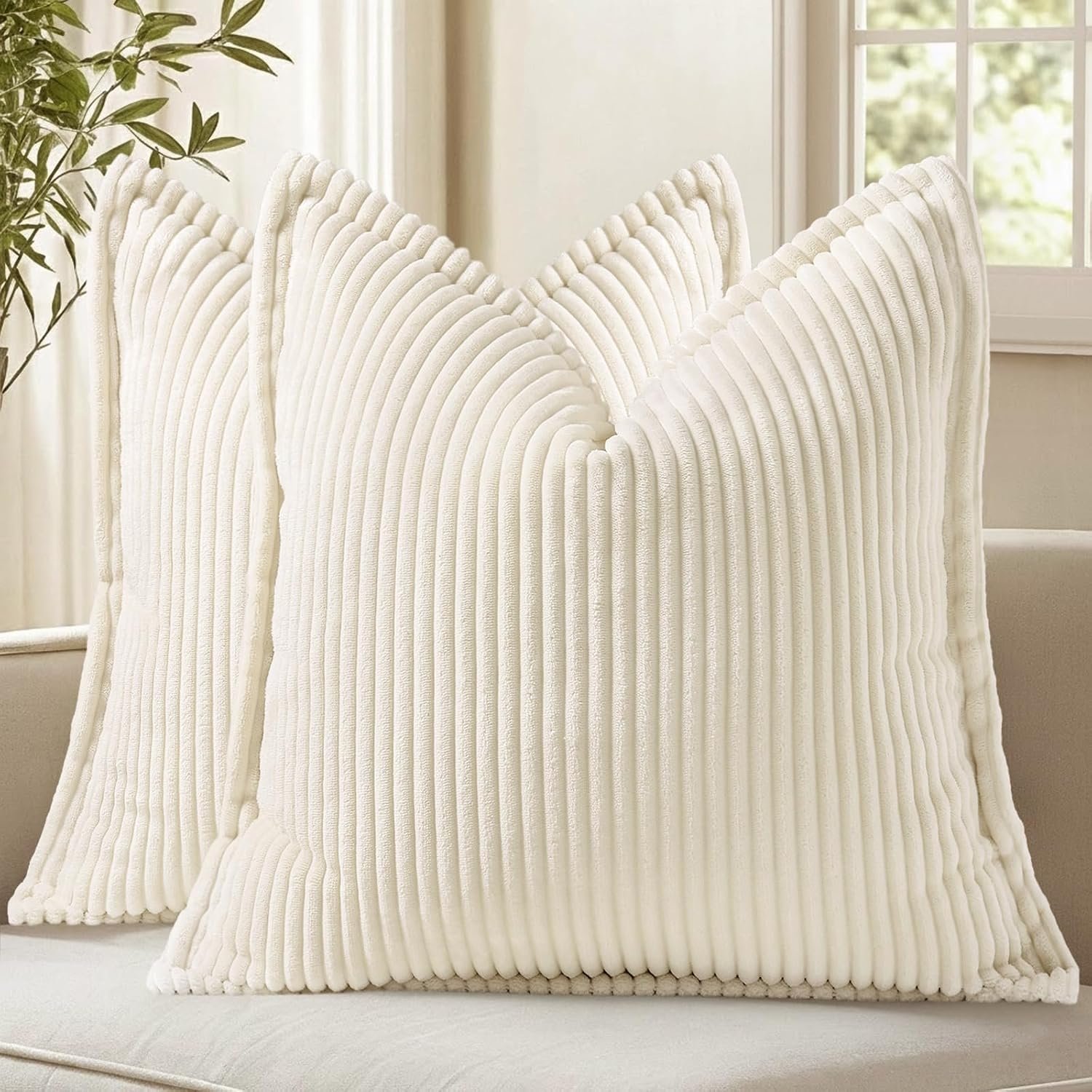 decorUhome Fall Corduroy Cream White Throw Pillow Covers 18×18 Set of 2 Decorative Soft Boho Farmhouse Couch Pillow Covers for Living Room Bed Sofa Broadside Striped Pillow Cases