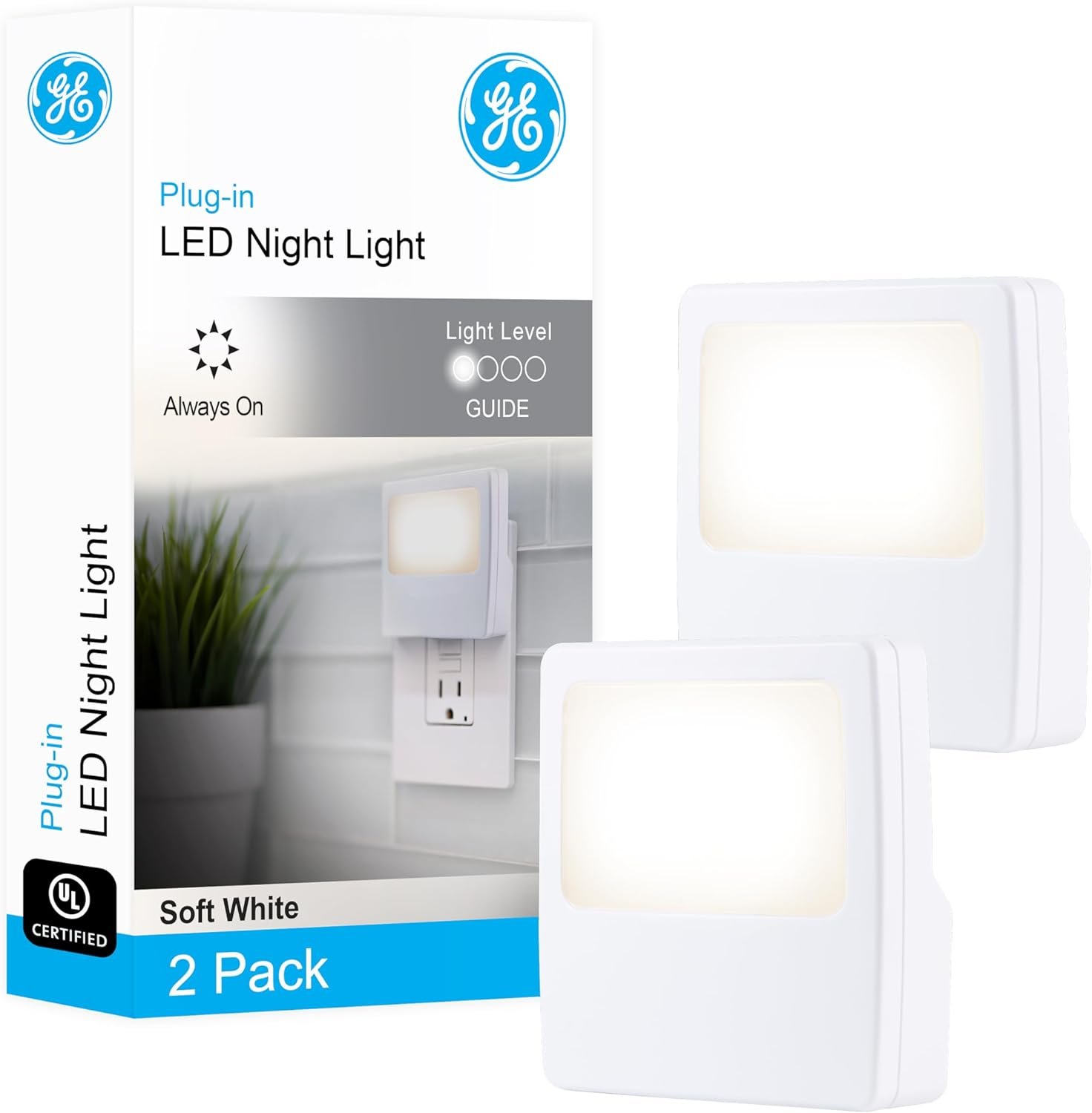 GE White Always-On LED Night Light, Plug into Wall, Compact, Soft Glow, UL-Listed, Ideal for Bedroom, Nursery, Bathroom, Hallway, 11311, 2 Pack