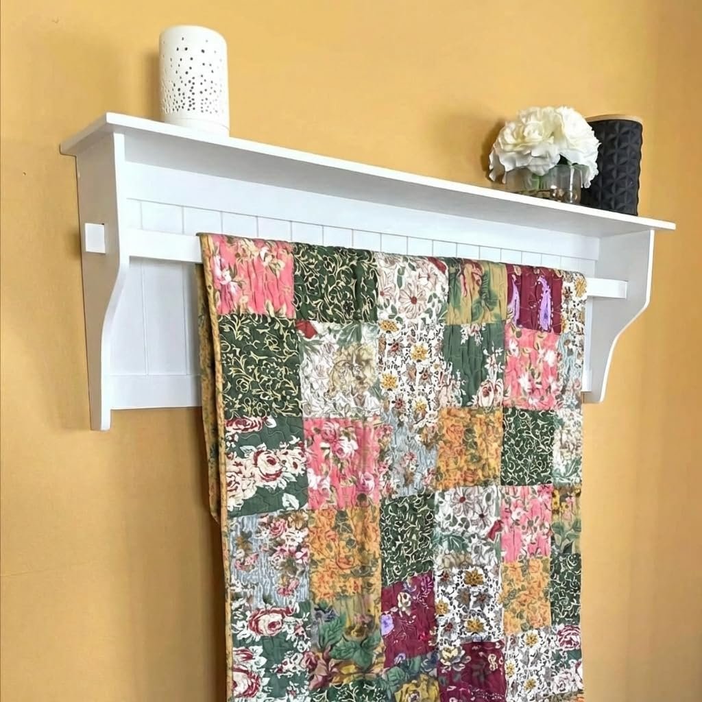 Wall Mounted Quilt Rack with Shelf – Solid Pine Wood Blanket Holder, White | Rustic Farmhouse Style Decor, Quilt Wall Hangers for Attractive Displays in Bedrooms and Living Rooms