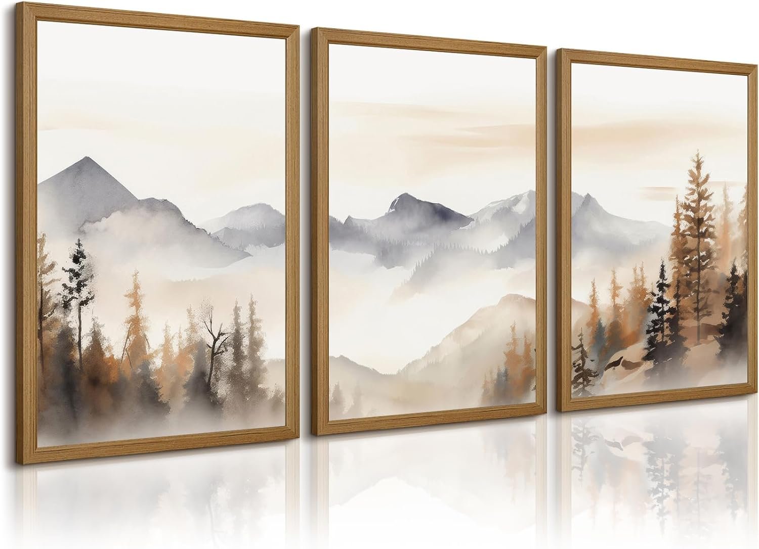 Neutral Mountain Wall Art Decor Set of 3 Forest Canvas Wall Art Poster Landscape Wall Art Artwork Modern Pictures Abstract Painting Watercolor Prints for Living Room Bedroom 12×16 Inch Framed