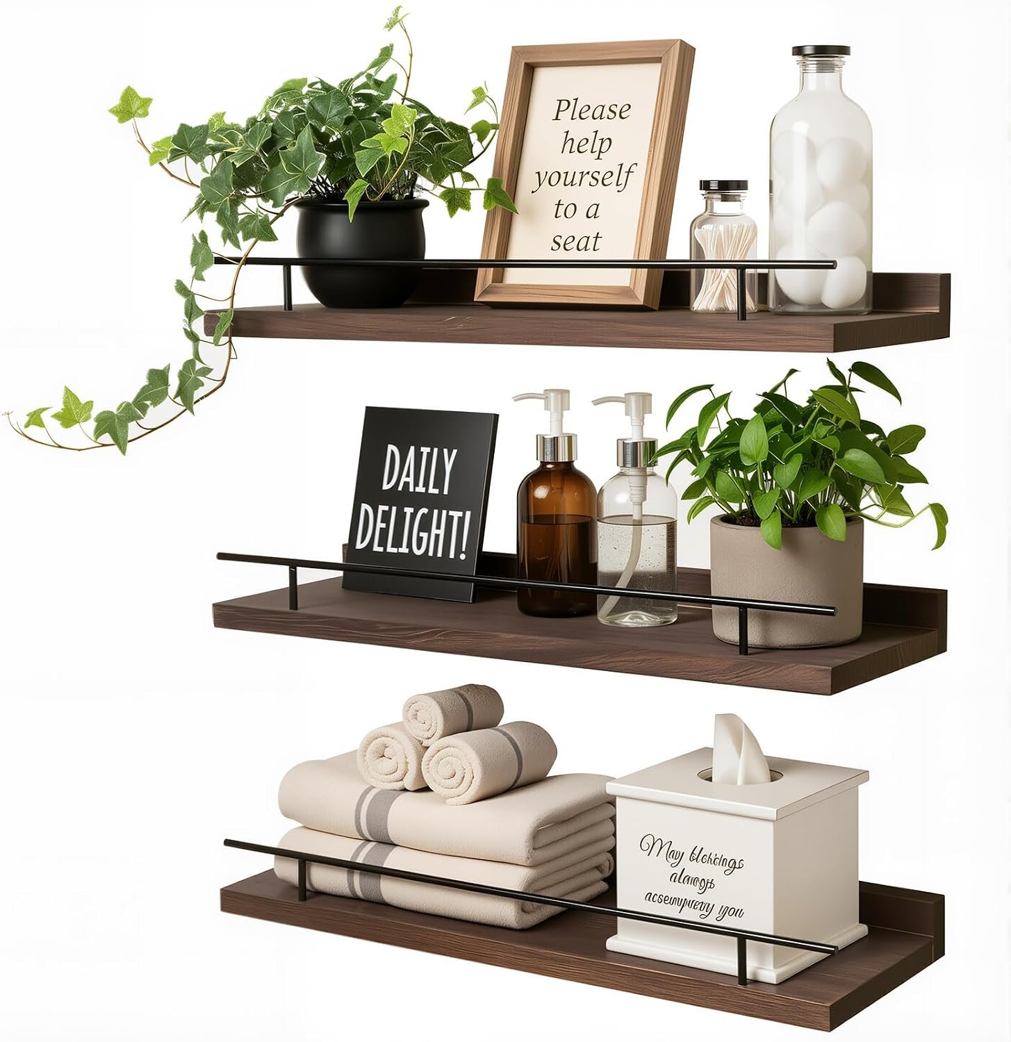 Floating Shelves, 3-Pack Brown Wood with Removable Metal Rails | Use these bathroom floating shelves over toilet areas to organize folded towels, toiletries, and tissues within easy reach.