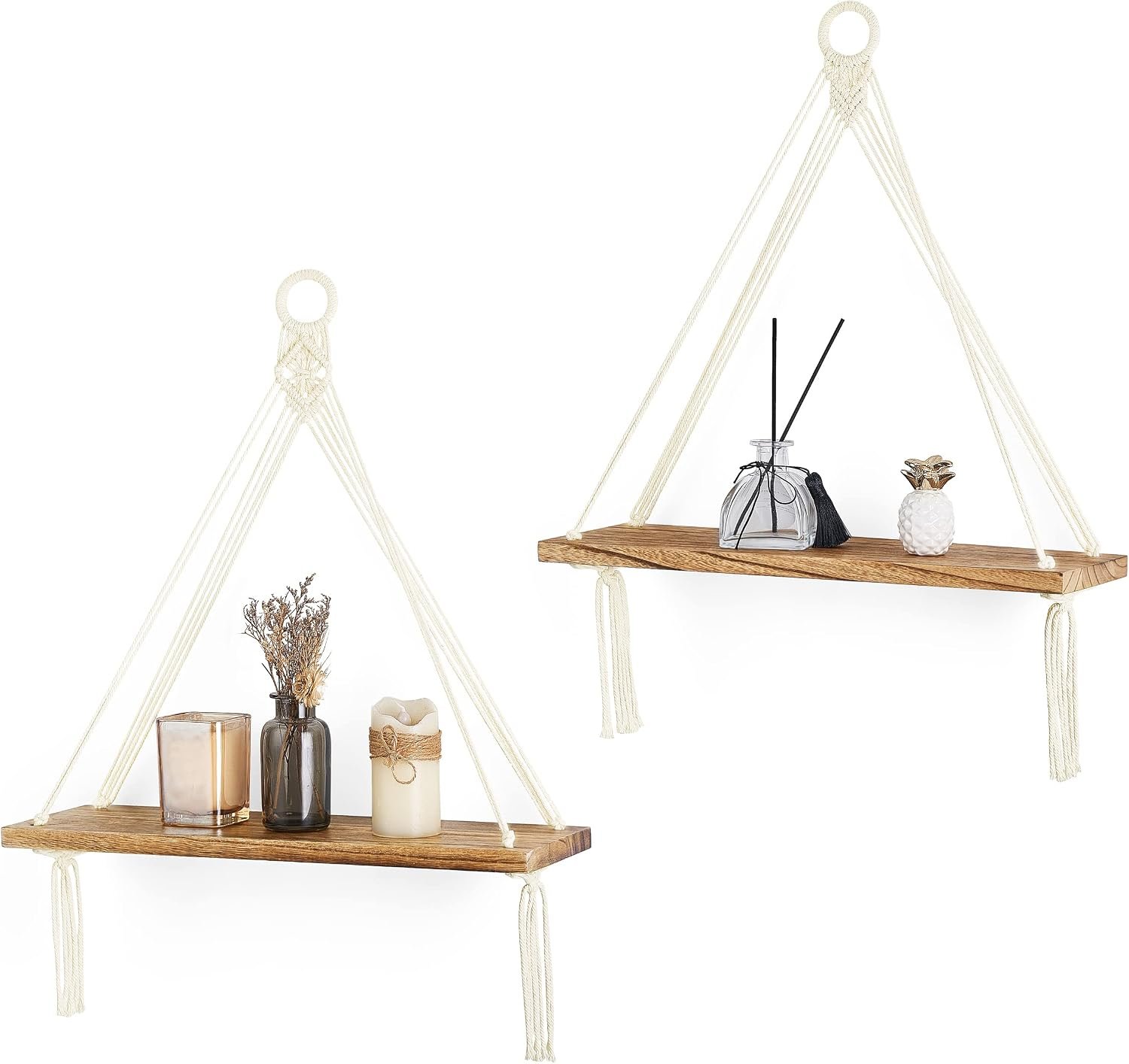 Dahey Macrame Hanging Shelf Boho Wall Decor Bedroom 2 Packs Rustic Wood Floating Shelves for Room Nursery Bathroom Living Room College Dorm Storage for Hanging Plants Photos, White