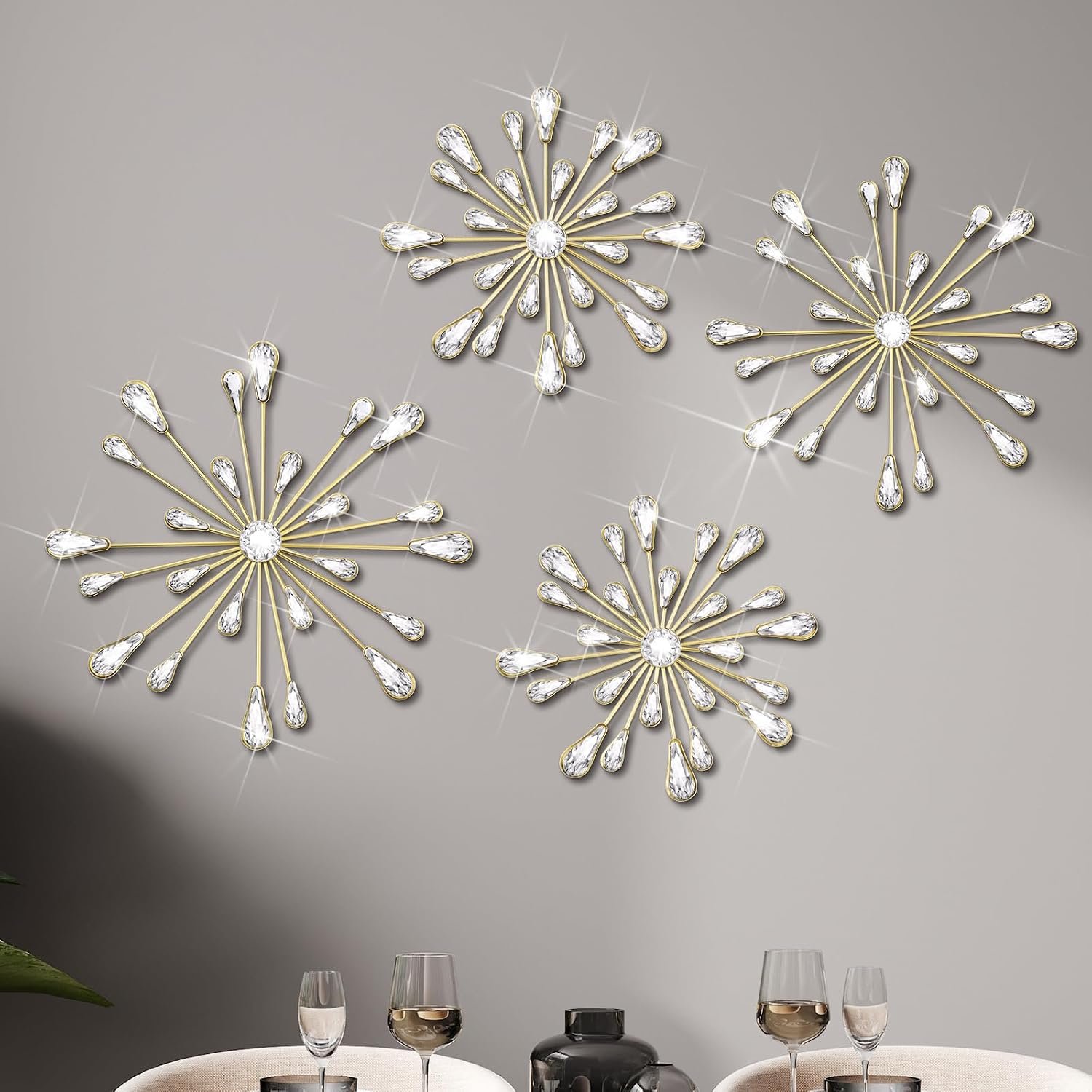 Hicarer 4 Pcs Starburst Wall Decor Bling Wall Art Crystal Teardrop 3D Hanging Rhinestone Radial Metal Artwork Modern Accent Sculptures Decorations for Living Room Home Office Bedroom(Gold)
