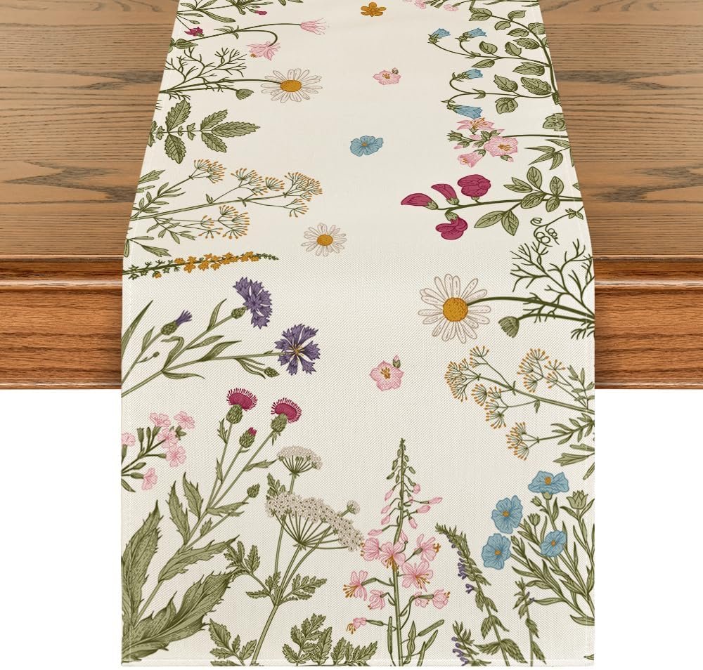 Artoid Mode Floral Wildflowers Herb Spring Table Runner, Seasonal Kitchen Dining Table Decoration for Home Party Decor 13×120 Inch