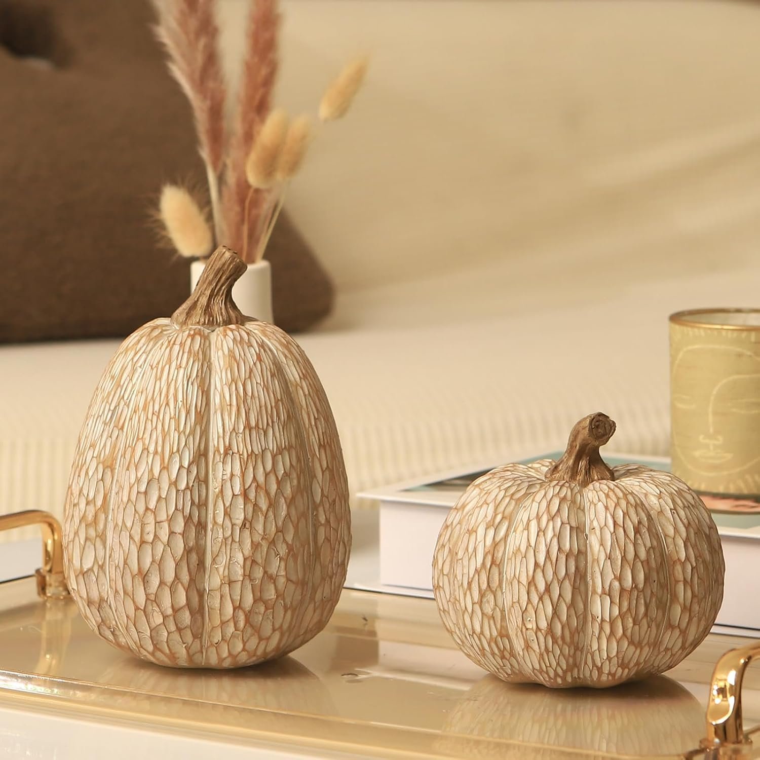 DN DECONATION Thanksgiving Pumpkins Fall Decor, Carved Pumpkin Table Decor | Resin, Brown White Pumpkins Figurine, Artificial Faux Pumpkin Statues for Rustic Tabletop Home Decor Farmhouse Autumn Harvest