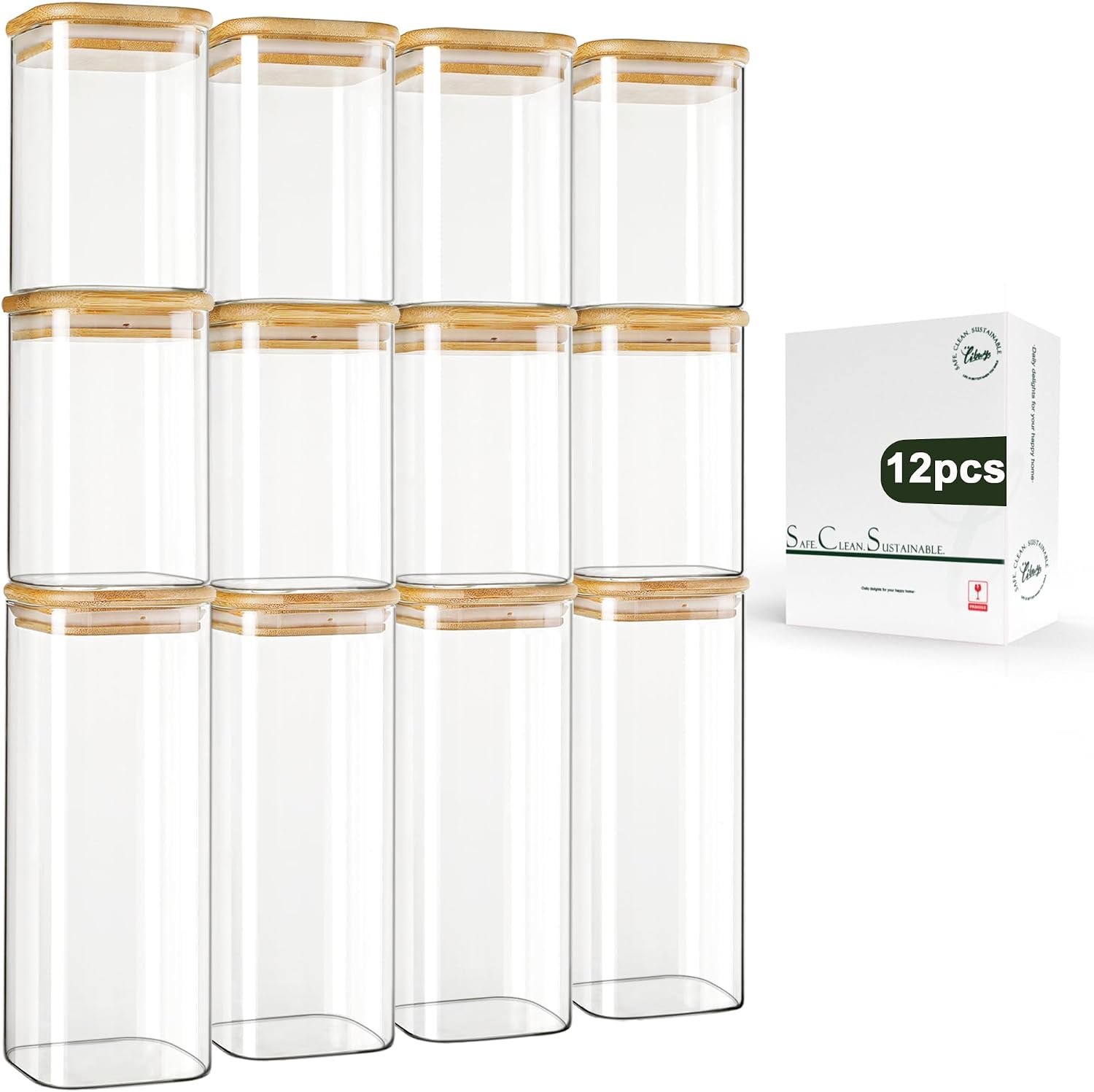 LIBWYS 12-Pack Square Glass Storage Jars with Bamboo Lids (0.6Qt/1.06Qt) – Stackable Food Containers for Pantry Organization, Coffee, Flour, Snacks, Tea | Kitchen Canisters Set