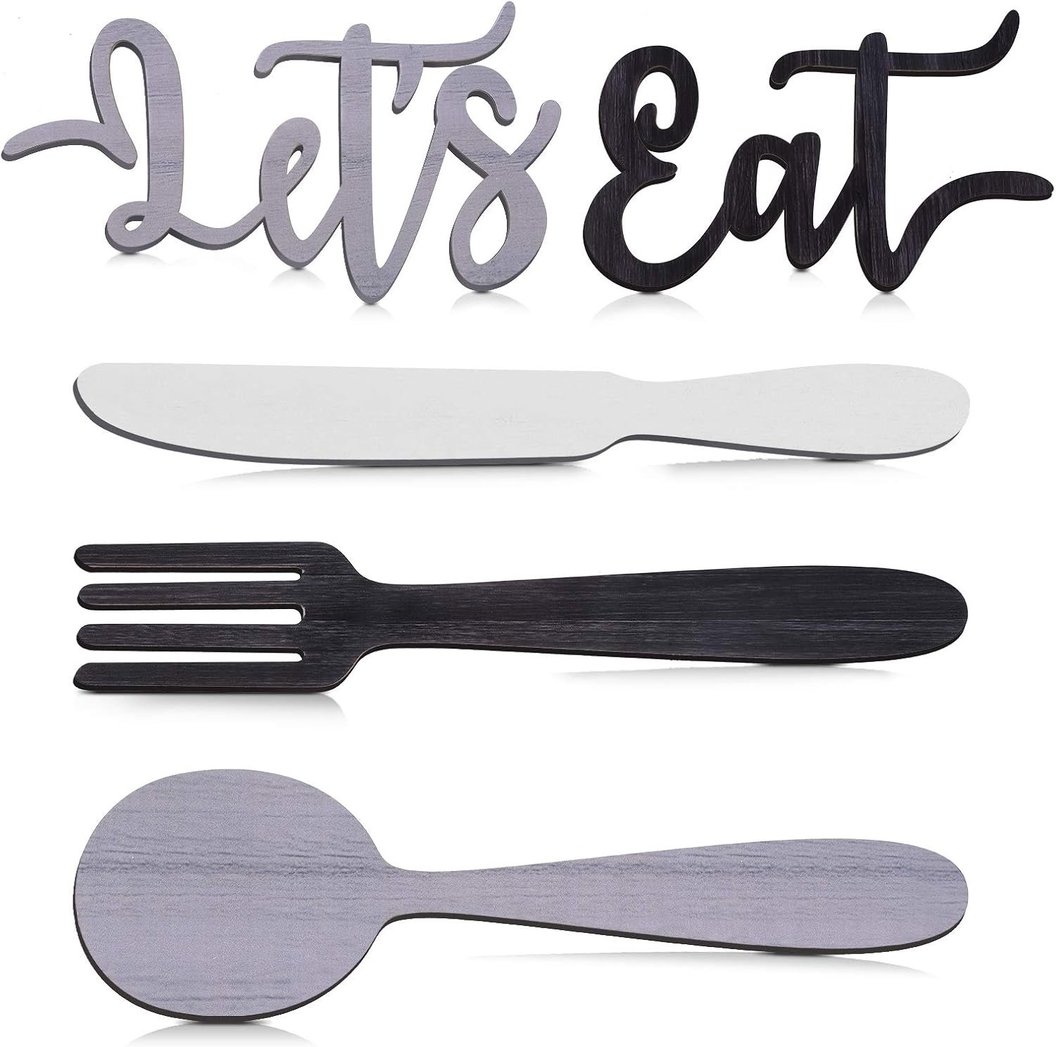 Yerliker 5 Pcs Let’s Eat Sign, Wooden Fork Spoon Knife Sign Wall Decor, Rustic Cutout Eat Grey Kitchen Decor for Home Dining Living Room Bar Cafe Restaurant(Black, White, Gray)