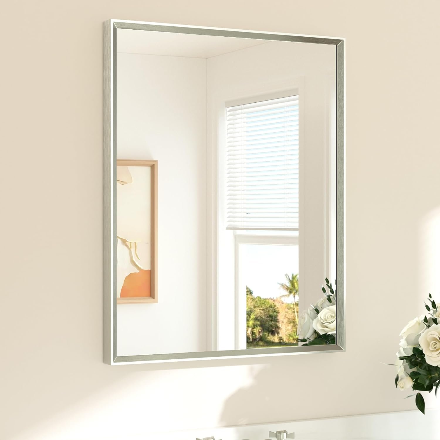 TETOTE Brushed Nickel Bathroom Mirror 24″ x 30″ Rectangle Beveled Frame Bathroom Vanity Mirror for Over Sink Brushed Nickel, Tempered Glass, Stronger Frame, Modern Farmhouse Bedroom, Entryway