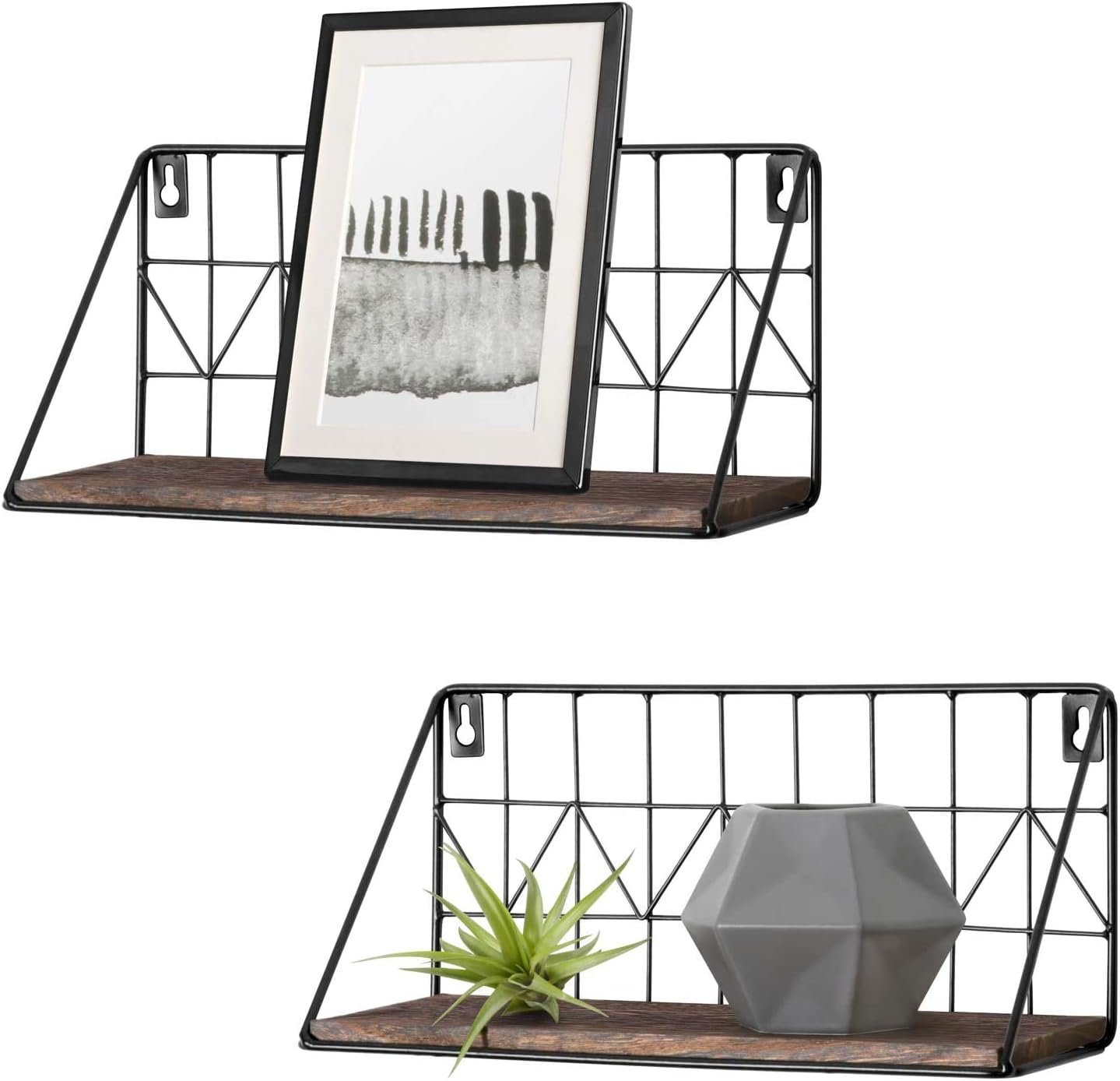 Mkono Floating Shelves Wall Mounted Set of 2 Rustic Wood Storage Display Shelf with Metal Wire Basket 11.4 Inches, Hanging Shelf for Bedroom Bathroom Living Room Kitchen Office, Brown,Small