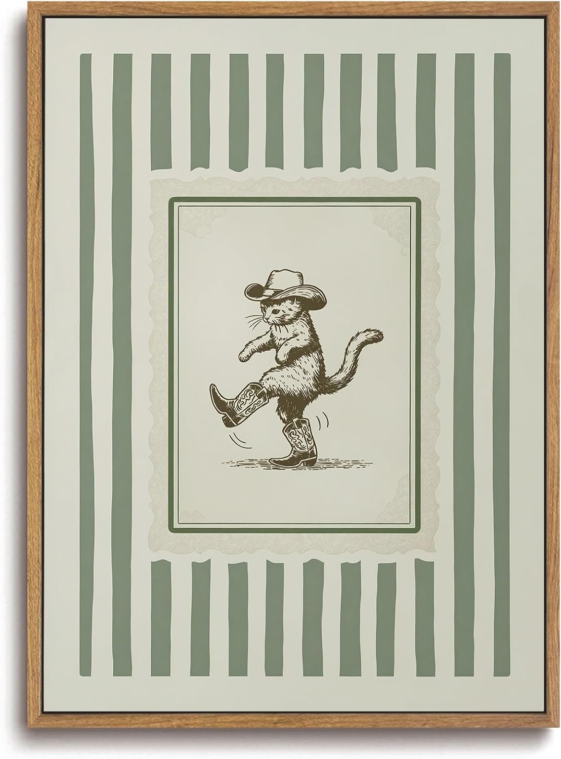 ZZLWBKGL Vintage Western Framed Wall Art Nursery Cowboy Cat Canvas Wall Art Boho Western Striped Pictures Wall Decor Funny Animal Art Prints for Living Room Kids Room Bedroom