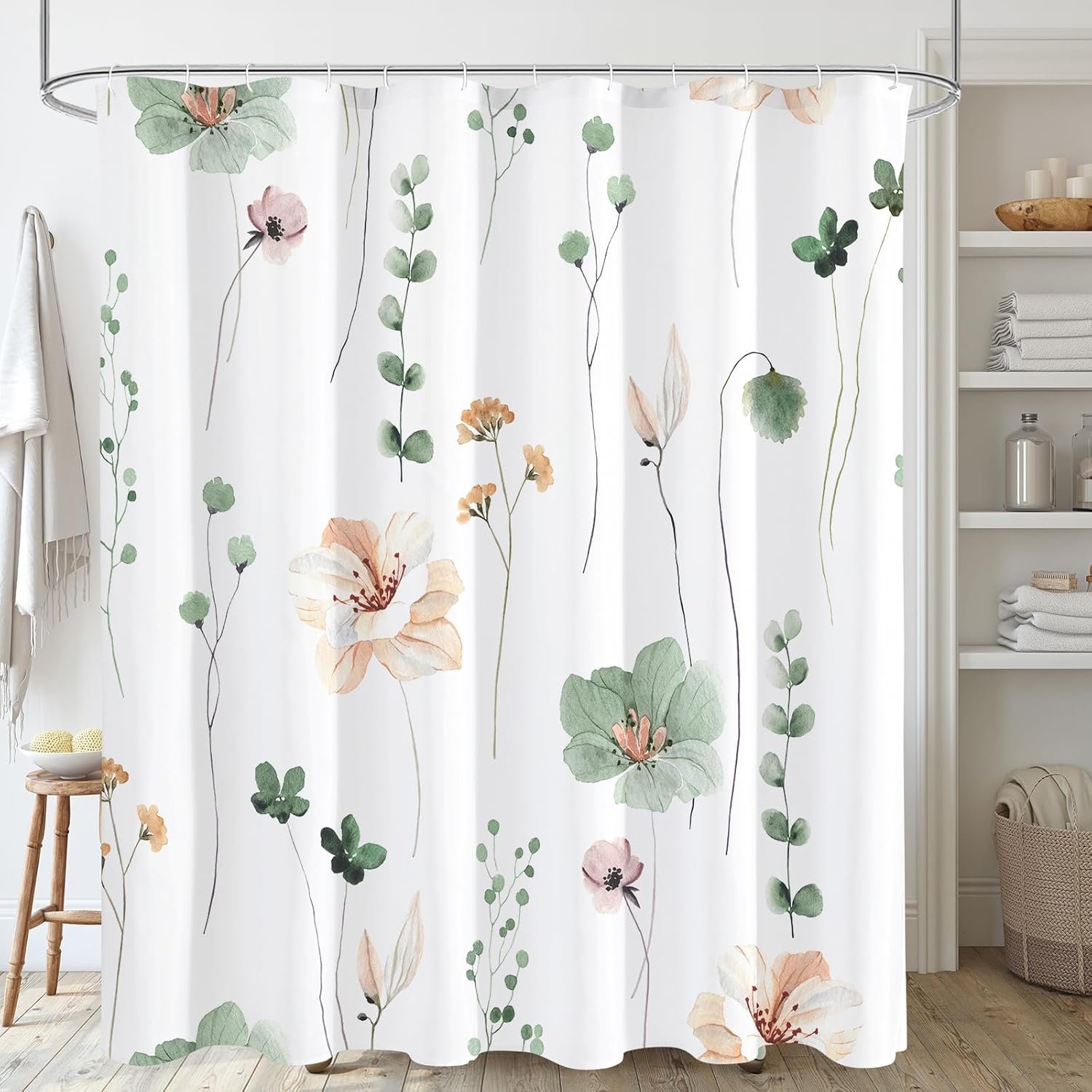 Gibelle Watercolor Floral Shower Curtain, Sage Green Beige Flower Shower Curtain for Bathroom, Modern Minimalist White Waterproof Fabric Shower Curtain Set 72×72 Inch
