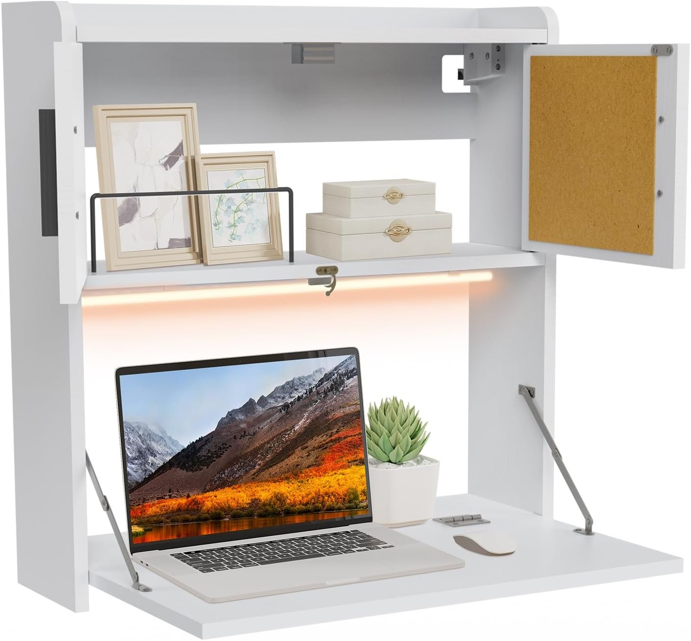ARTETHYS Wall Mounted Desk Folding with Light Drop Down Hanging Desk | Multifunctional Fold Down Laptop Computer Table, Writing Workstation with Storage Compartments, Space Saving for Home Office