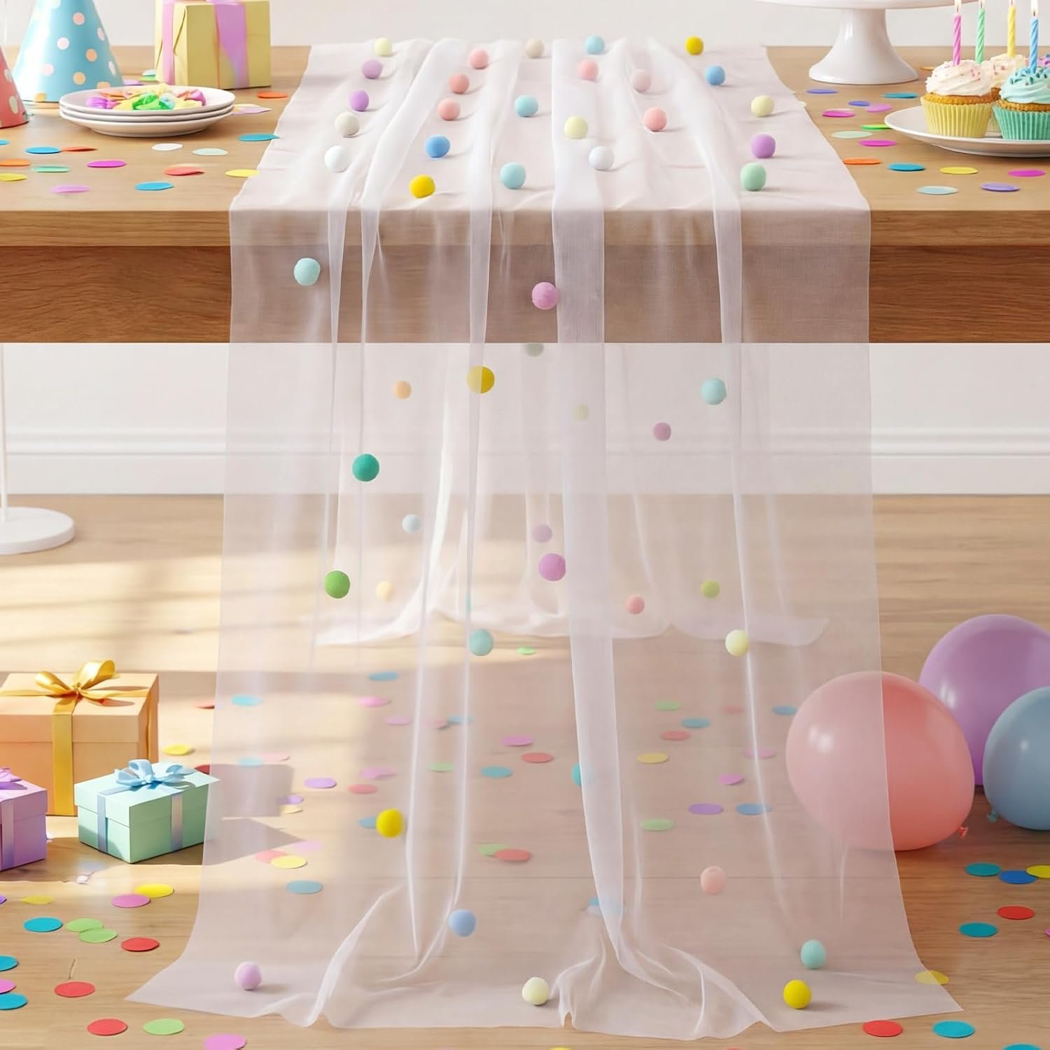 Moukeren 27.5 x 120 Inch Birthday Tulle Table Runner 10 ft Colored Polka Dot Cheesecloth 3D Confetti Pastel Table Runner Gauze Rainbow Dining Decor for Birthday Wedding Baby Shower(1,Candy Colors)