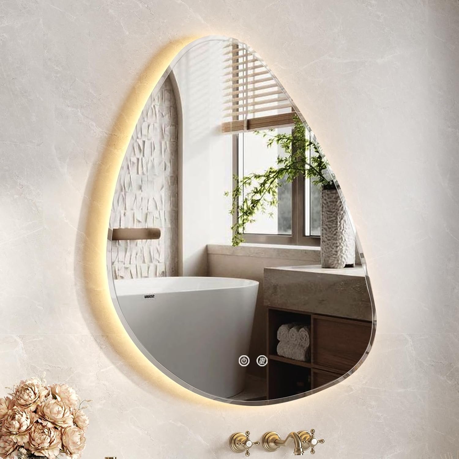 USHOWER Irregular LED Bathroom Mirror 26×32 – Asymmetrical Vanity Mirror with Backlit & Anti-Fog, 3 Color Temps & Dimmable Light for Makeup, Modern Wall Mounted Mirrors for Bathroom, Bedroom