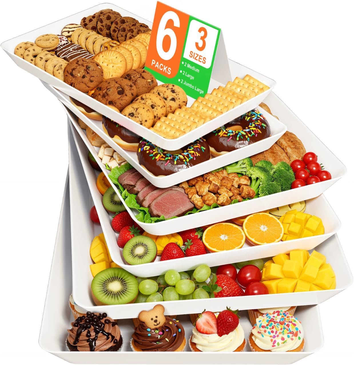 6-Pack Serving Tray for Parties, Serving Platter in 3 Sizes for Entertaining, Food Display, Plastic Trays for Cookies, Stackable Rectangular Platters for Family(White)