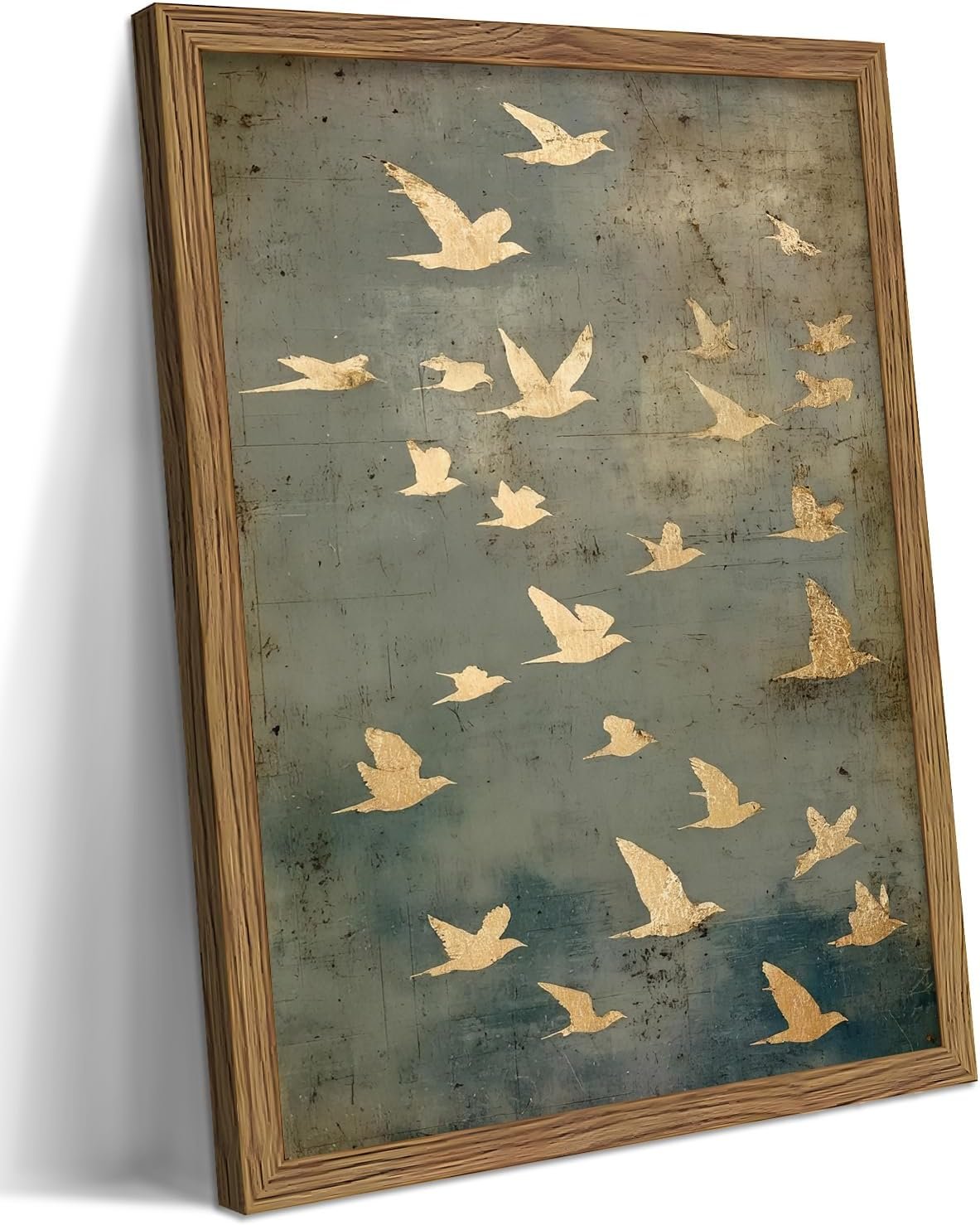 Framed Flock of Birds Canvas Wall Art, Vintage Minimalist Abstract Landscape Painting, Neutral Gold Birds Spiritual Wall Decor, Modern Aesthetic Pictures for Bedroom Living Room 12×16 inch