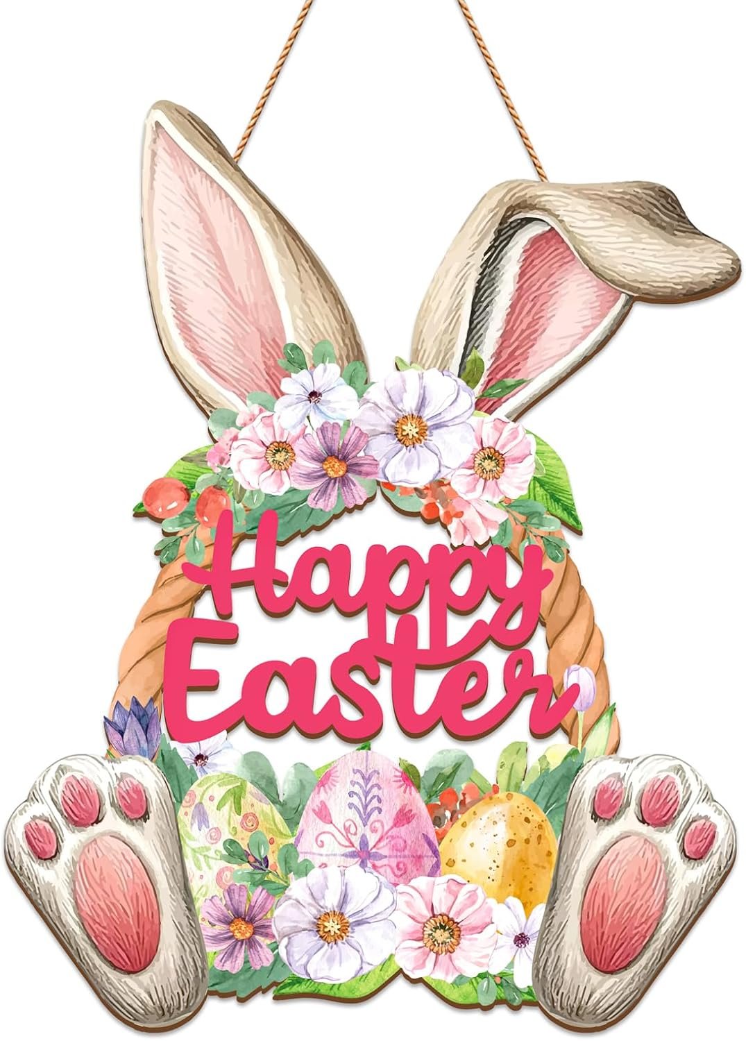 Wooden Easter Wreath for Front Door – Rustic Hollow Bunny Door Sign Farmhouse Easter Decorations for Home Wall Indoor Outdoor Spring Decorations Easter Supply