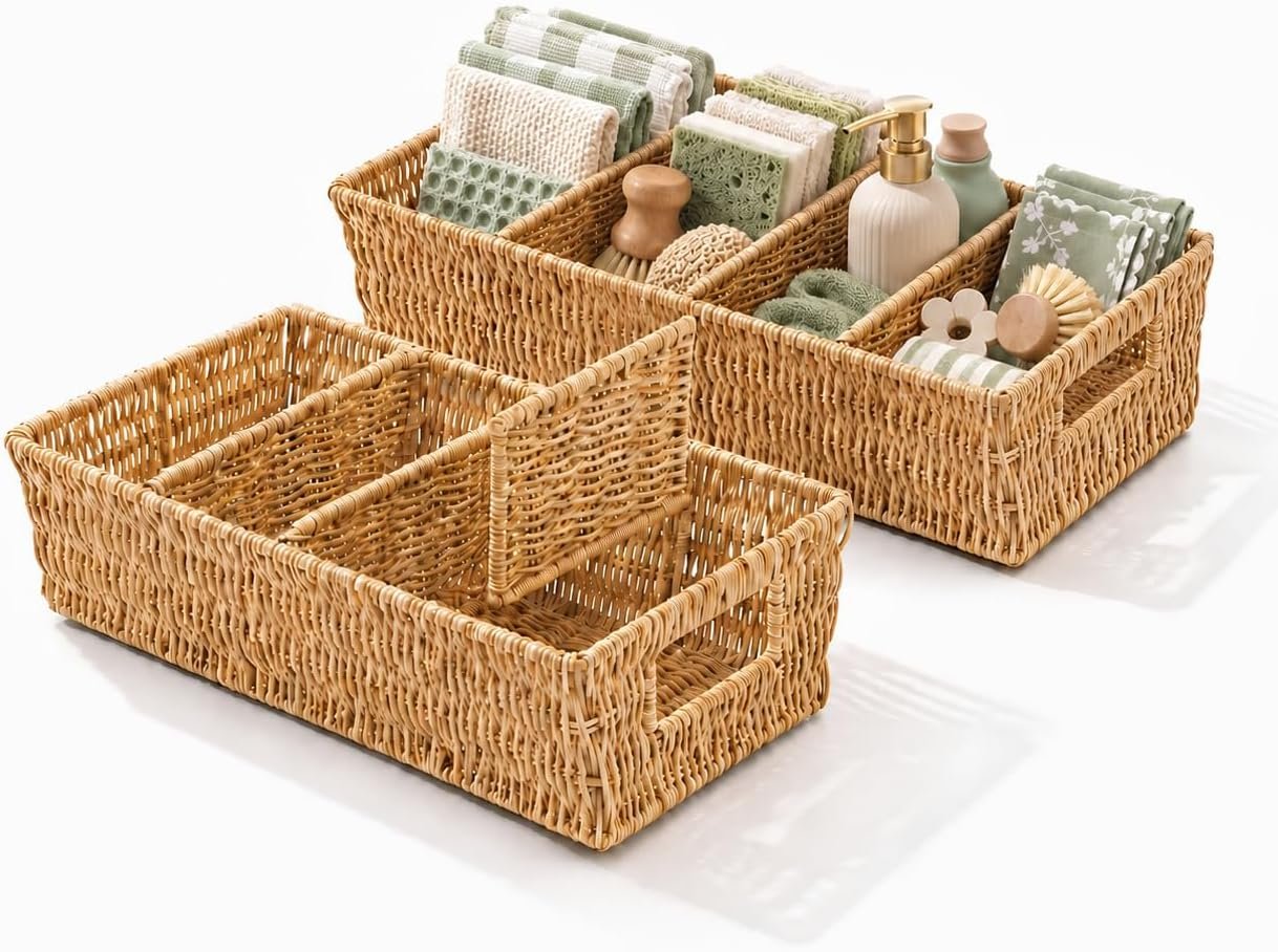 Nature-Inspired Rattan Pantry Organizer Baskets Set of 2 with 3 Removable Dividers – Handwoven Storage Bins for Kitchen or Bathroom Organization, Ideal for Snacks, Coffee & Tea (13” x 7.3” x 3.7”)