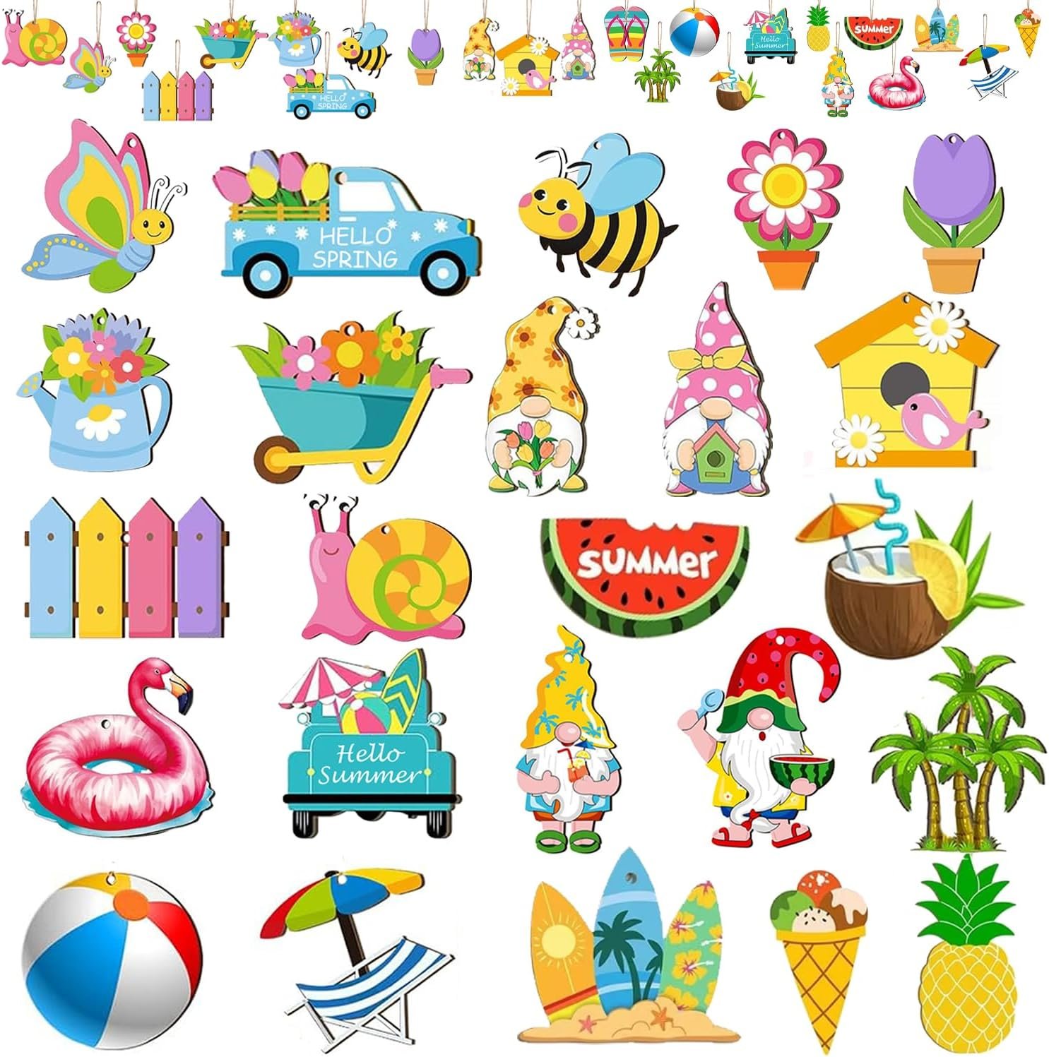 48 PCS Spring Summer Tree Decorations Wooden, Spring Summer Tree Ornaments for Small Tree Home Party Decoration