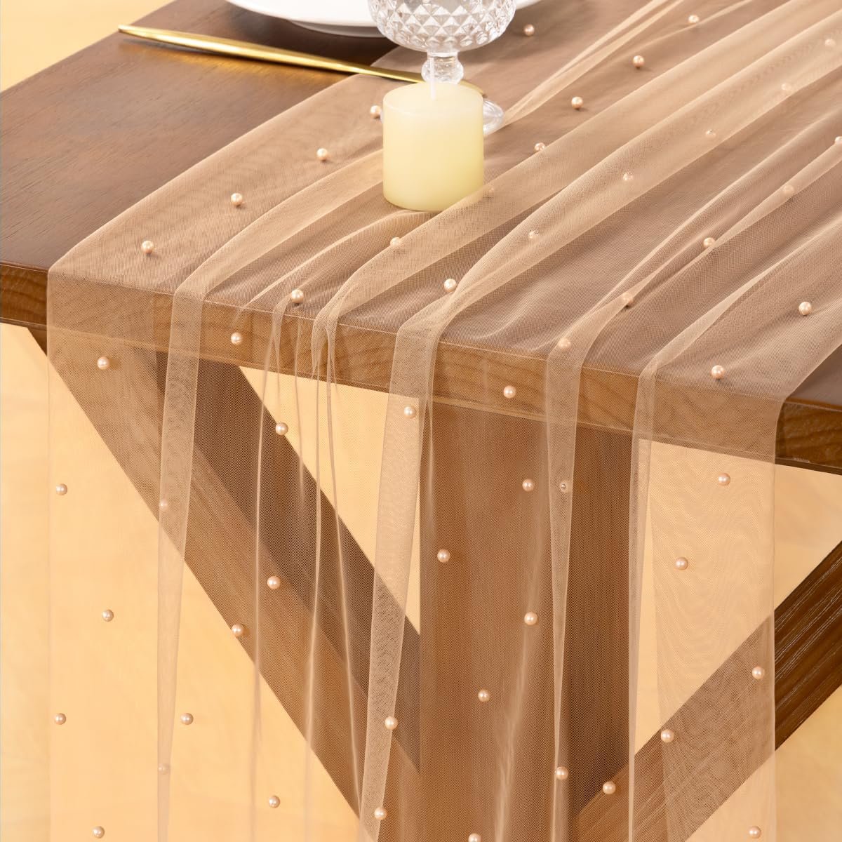 Socomi Pearl Table Runner Tulle Nude Coffee Summer Cheesecloth 10FT Gauze Cheese Cloth Sheer Chiffon Dining Wedding Birthday Party Baby Shower Bridal Anniversary Holiday Centerpiece Table Decor