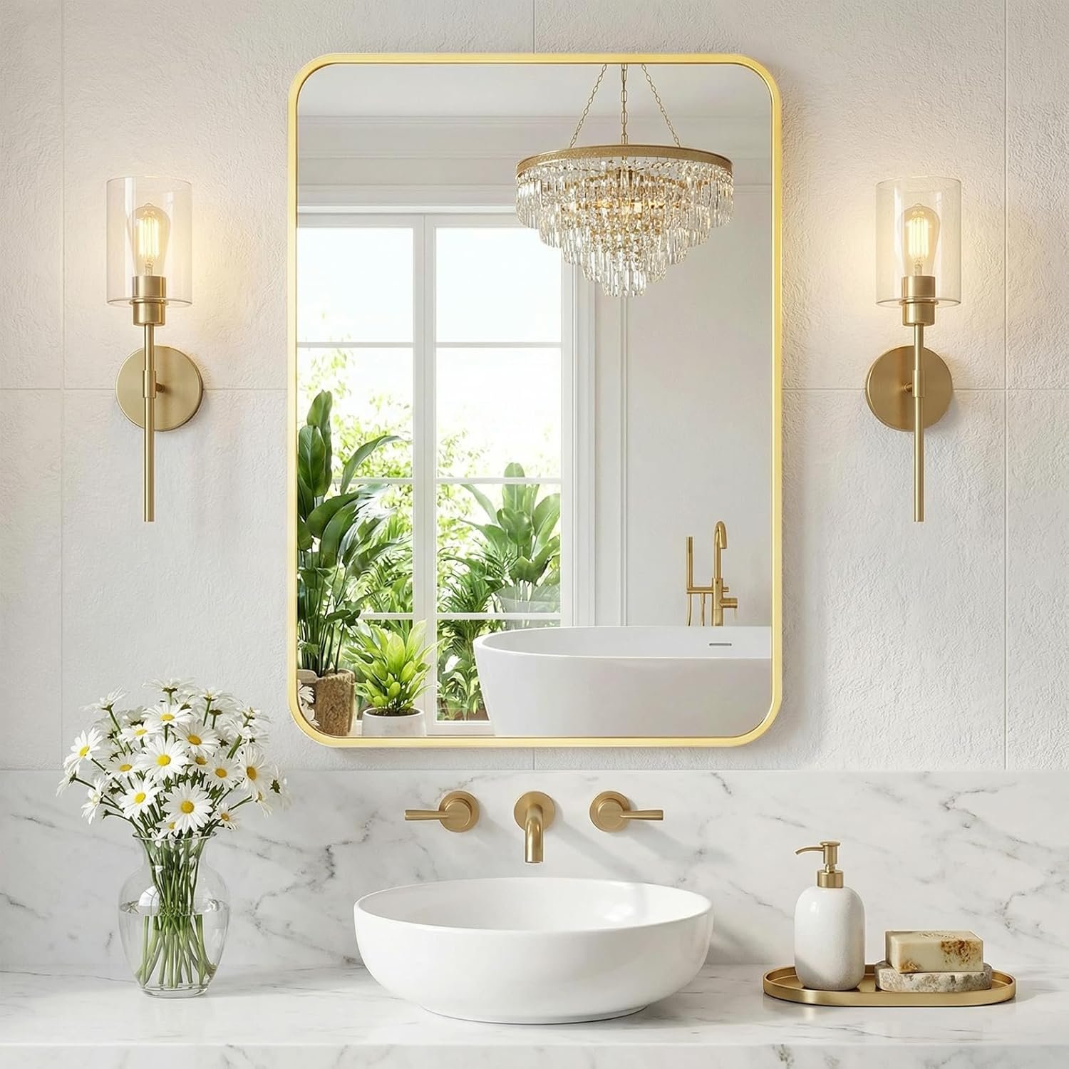 NEWBULIG 26X38 Inch Bathroom Mirror, Rectangle Wall Mirror with Rounded Corners, Gold Vanity Mirrors for Bathroom Sink with Metal Frame for Bedroom, Entryway, Hangs Horizontally or Vertically