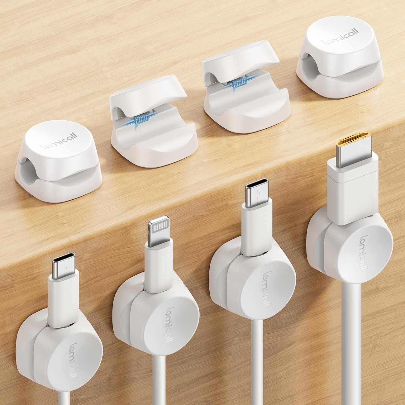 Lamicall 8 Pack Cord Organizer, [1s Lock] Spring Cable Management Clips – Adhesive Phone Cord Holder Clips for Nightstand Desk Car Office Home College Dorm Room, Desk Organizer Accessories, White