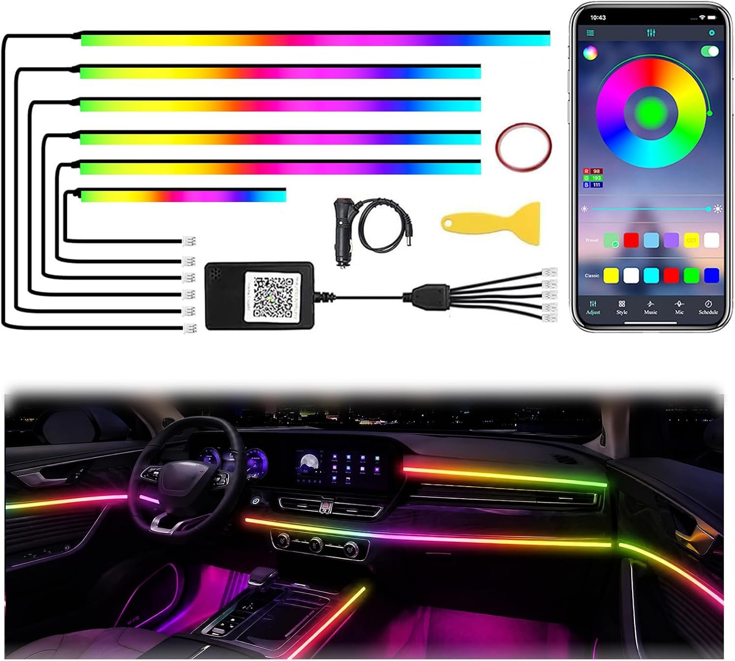 Acrylic Interior Car Lights APP Control, 6 in 1 Car Ambient Lighting Kit | Dreamcolor & 210 modes, Light Uniform and Soft, Wireless APP Control Inside Car Accessories