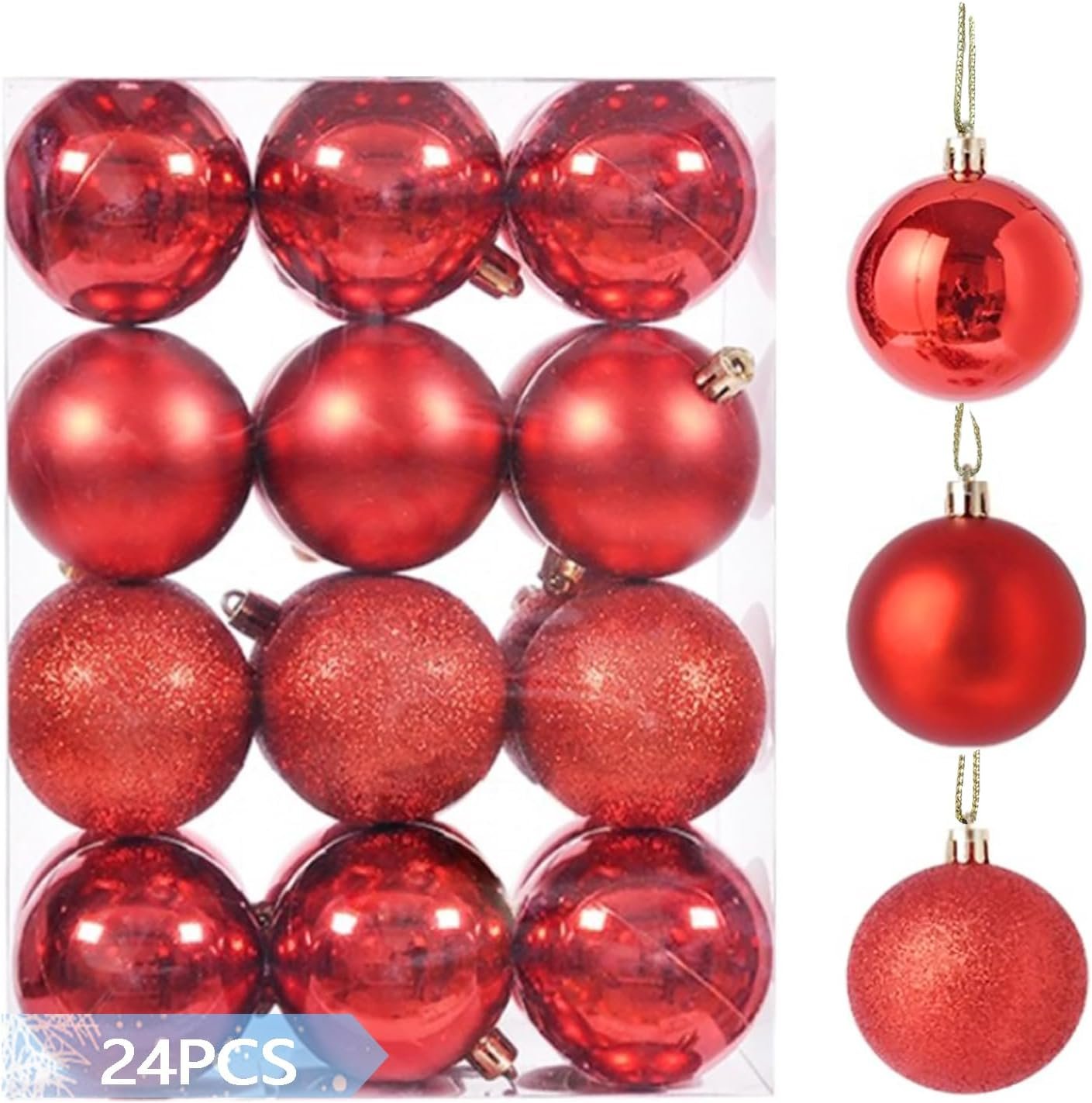 24PCS 4cm/1.57″ Shatterproof Christmas Balls Ornaments, Pre-Strung Hanging Xmas Tree Decorations, 3 Styles Holiday Ornaments for Christmas/Halloween/Wedding/Birthday Party Decor (Red)