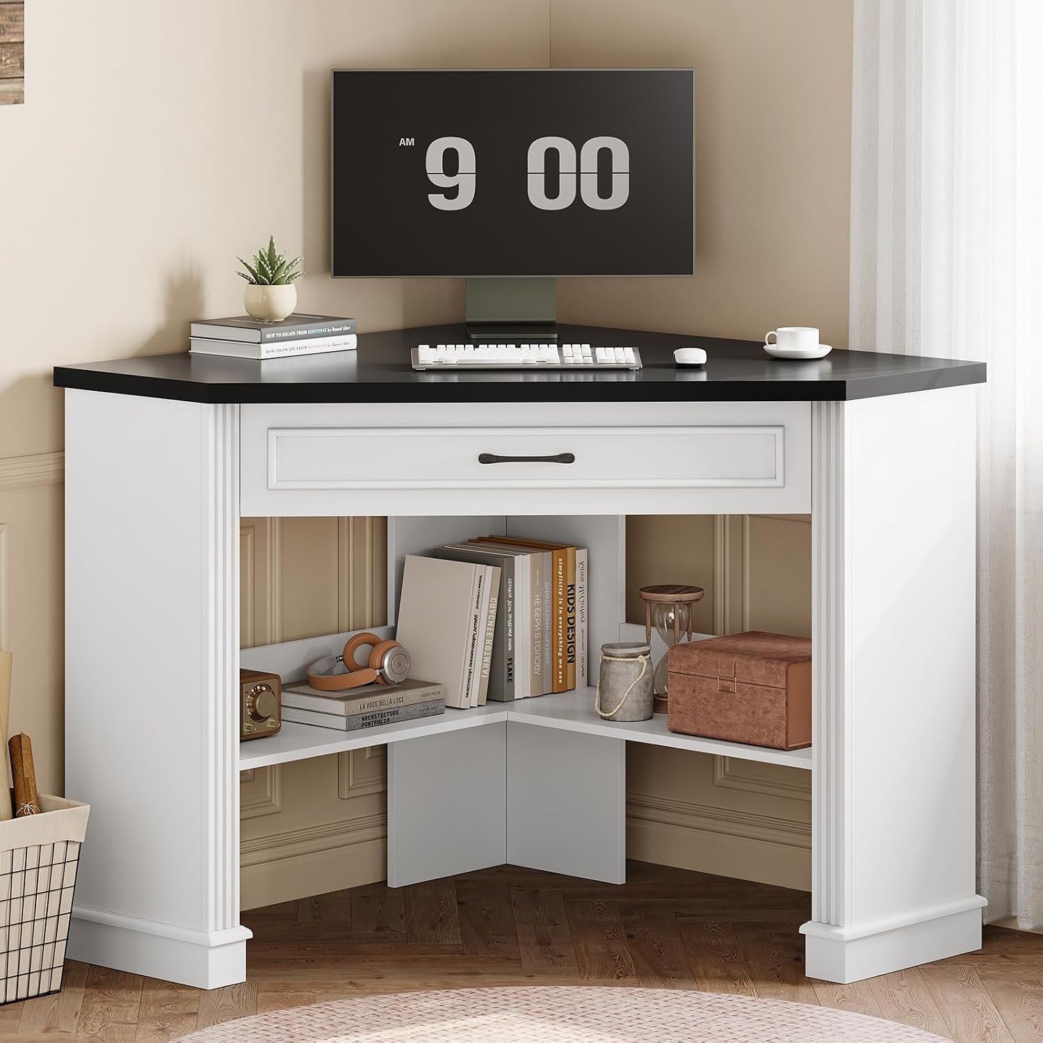 SEDETA 31.5″ White Corner Desk, Small Corner Desk for Small Space, Farmhouse Triangle Computer Desk with Drawer and Storage for Home Office, Living Room, Bedroom, Vanity Desk
