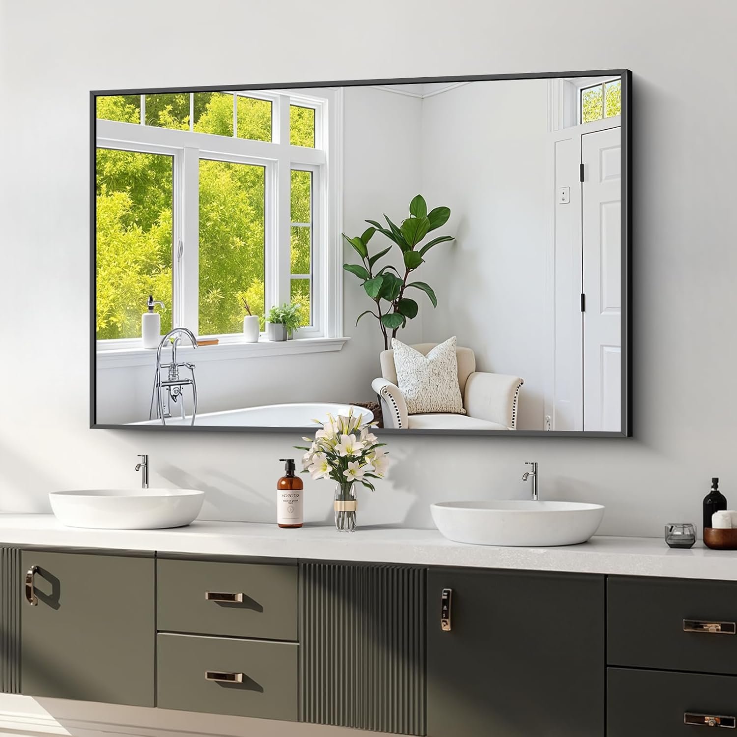 Koonmi Black Framed Bathroom Mirror – Shatterproof 30″x48″ Tempered Glass, HD No Distortion, Horizontal/Vertical Mount, Modern Matte Aluminum Alloy Frame