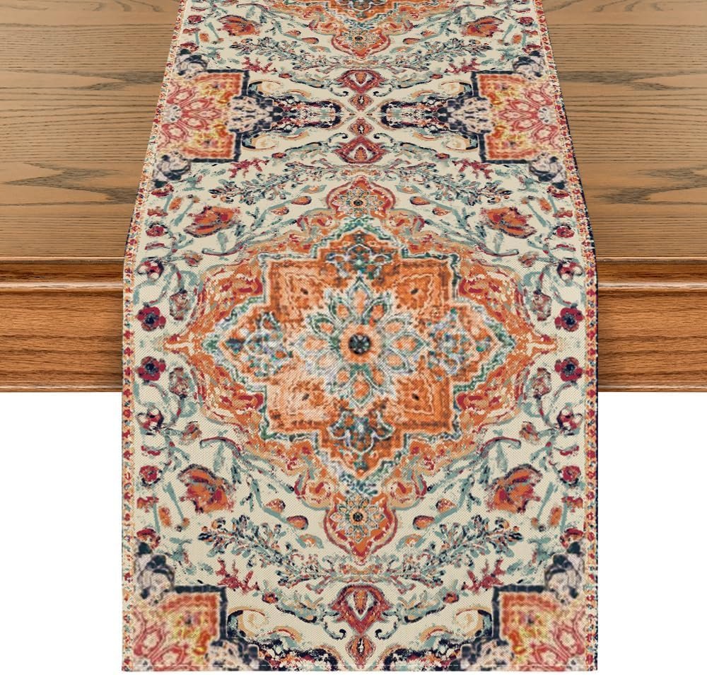 Artoid Mode Boho Bohemia Style Orange Table Runner, Country Rustic Farmhouse Magical Fall Kitchen Dining Table Decoration for Home Party Decor 13×72 Inch