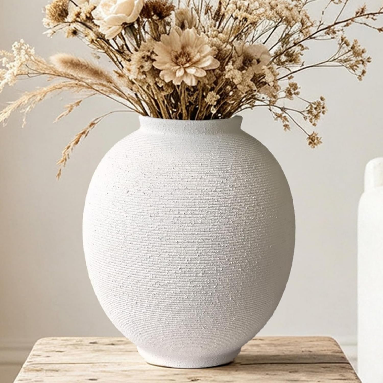 White Ceramic Vase, 9.8″ Large, Round, Sandstone White | Farmhouse Style, Hand-Made Textured, Minimalist Design, Home Decor